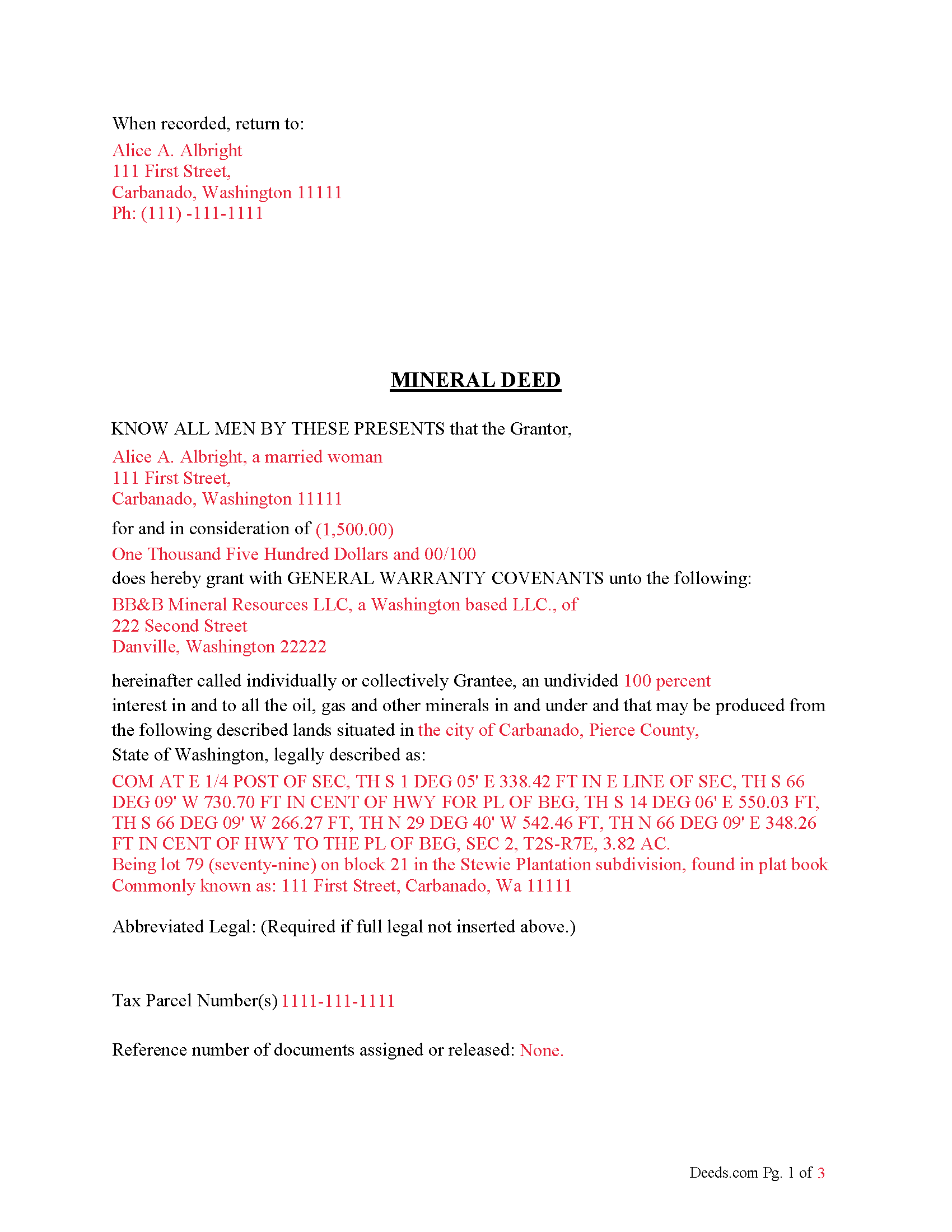 Thurston County Completed Example of the Mineral Deed Document