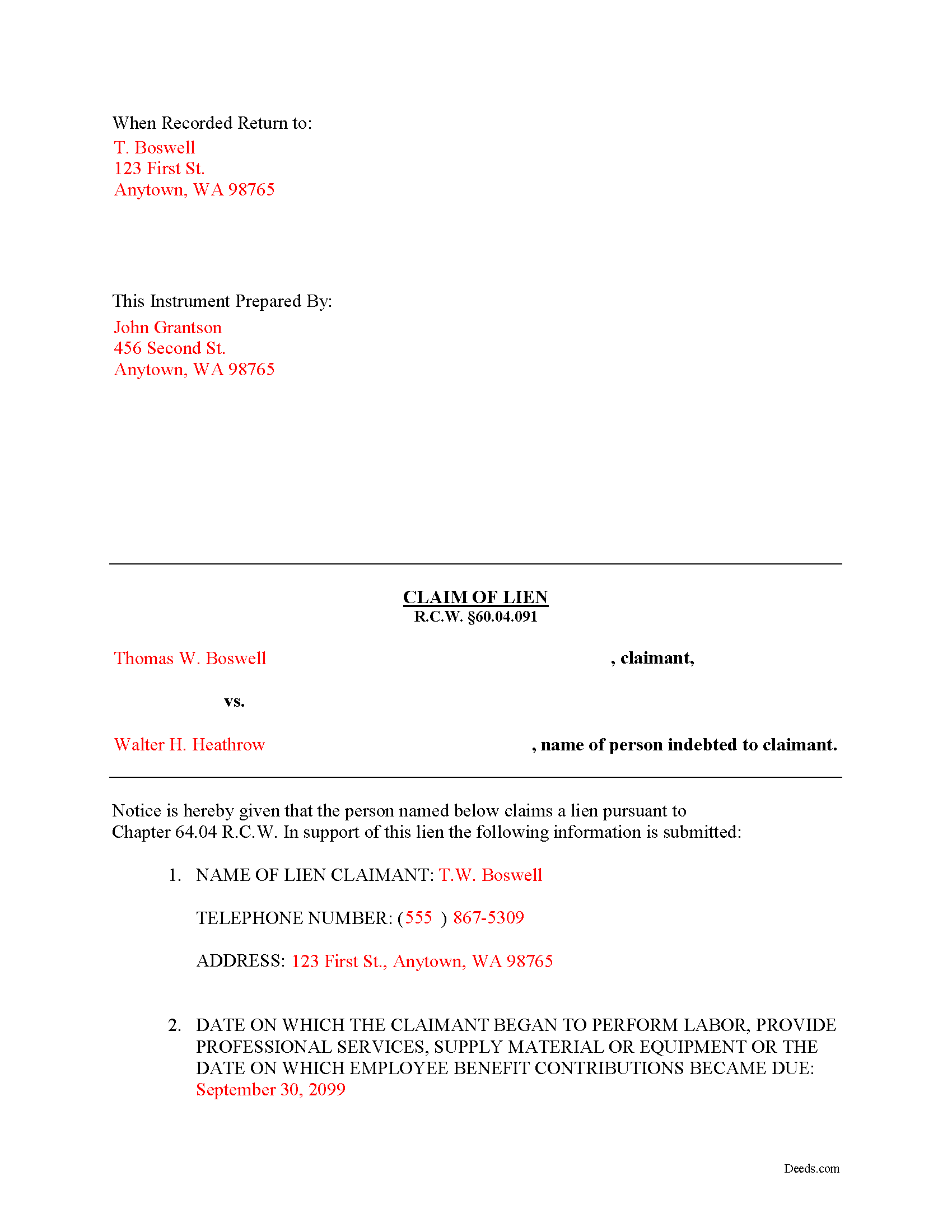 Completed Example of the Claim of Mechanics Lien Document