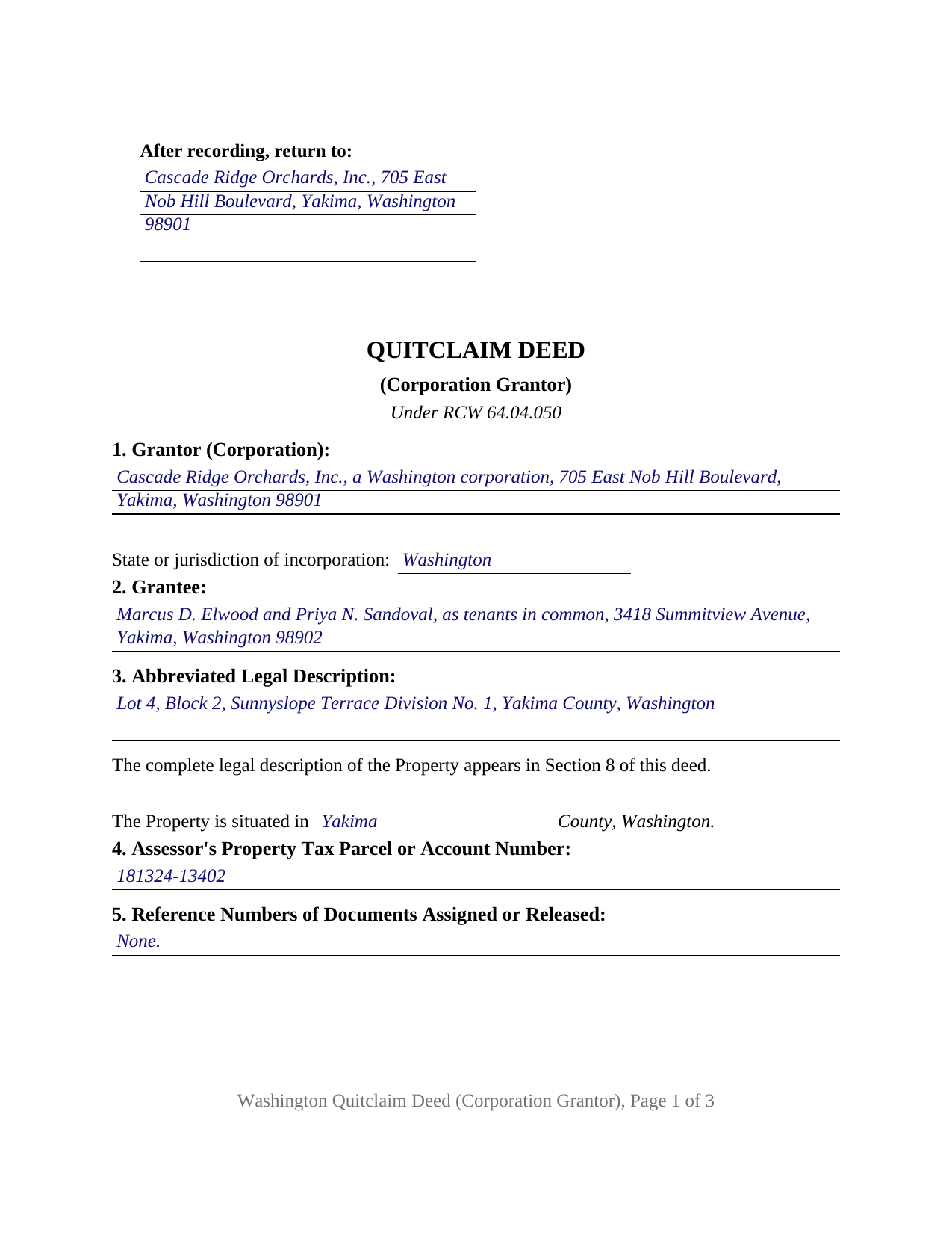 Benton County Completed Example of the Quitclaim Deed (Corporation Grantor) Document
