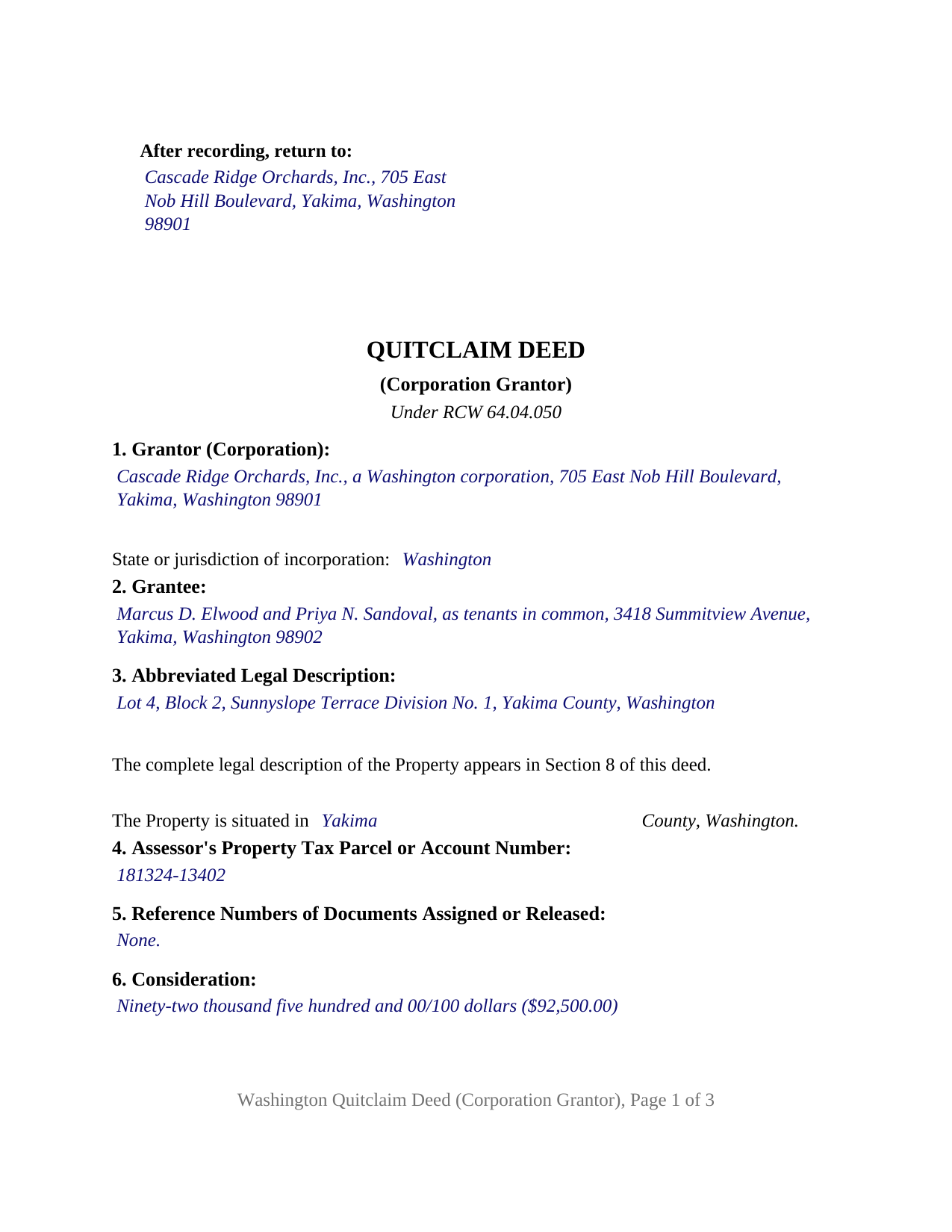 Mason County Completed Example of the Quitclaim Deed (Corporation Grantor) Document