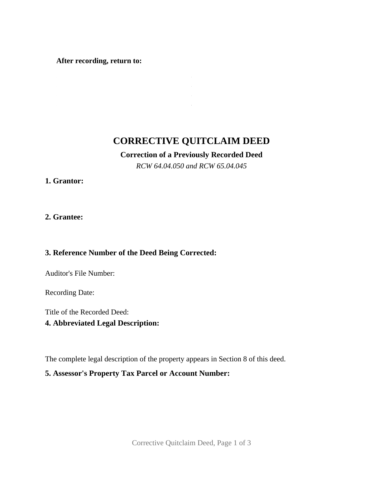 Ferry County Quitclaim Deed (Corrective) Form