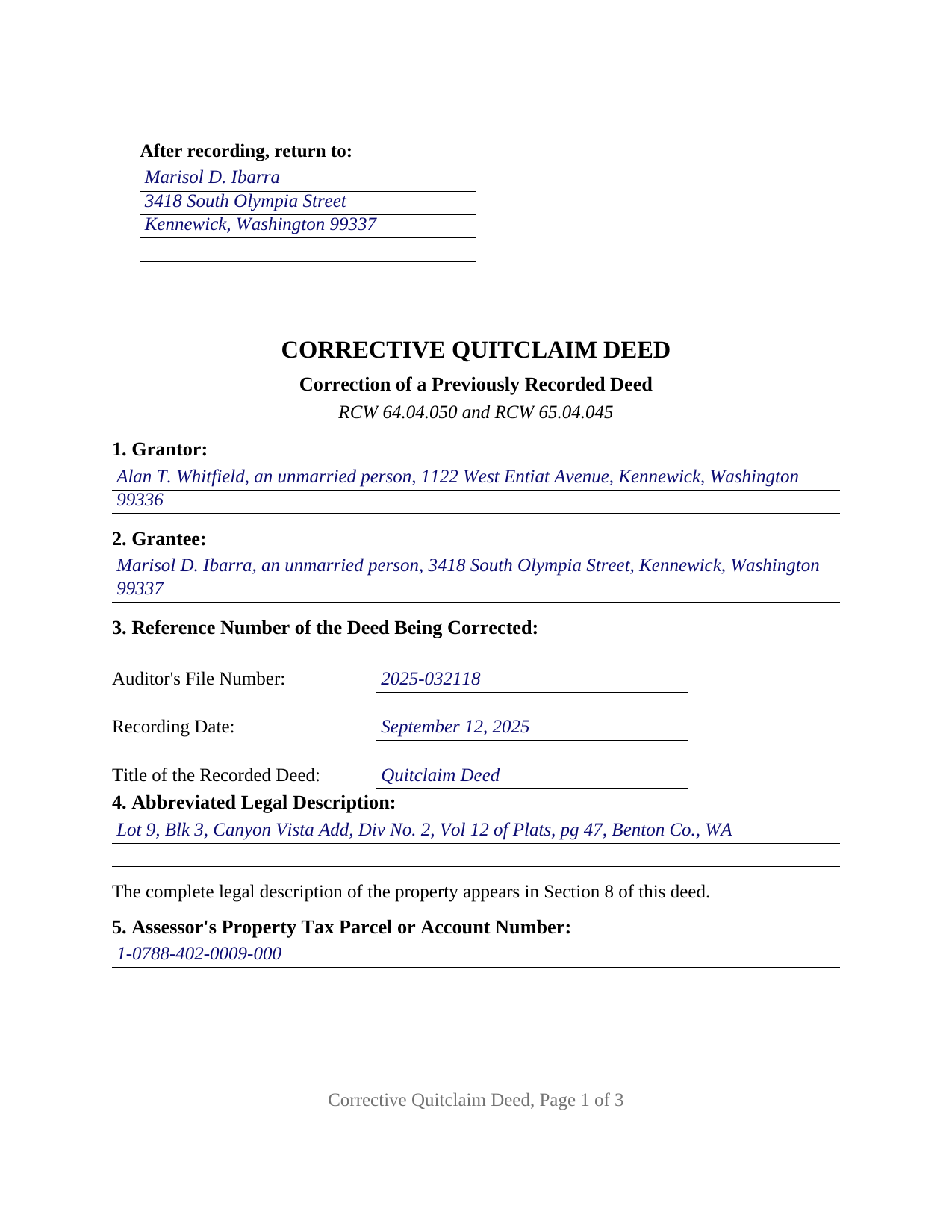 Ferry County Completed Example of the Quitclaim Deed (Corrective) Document