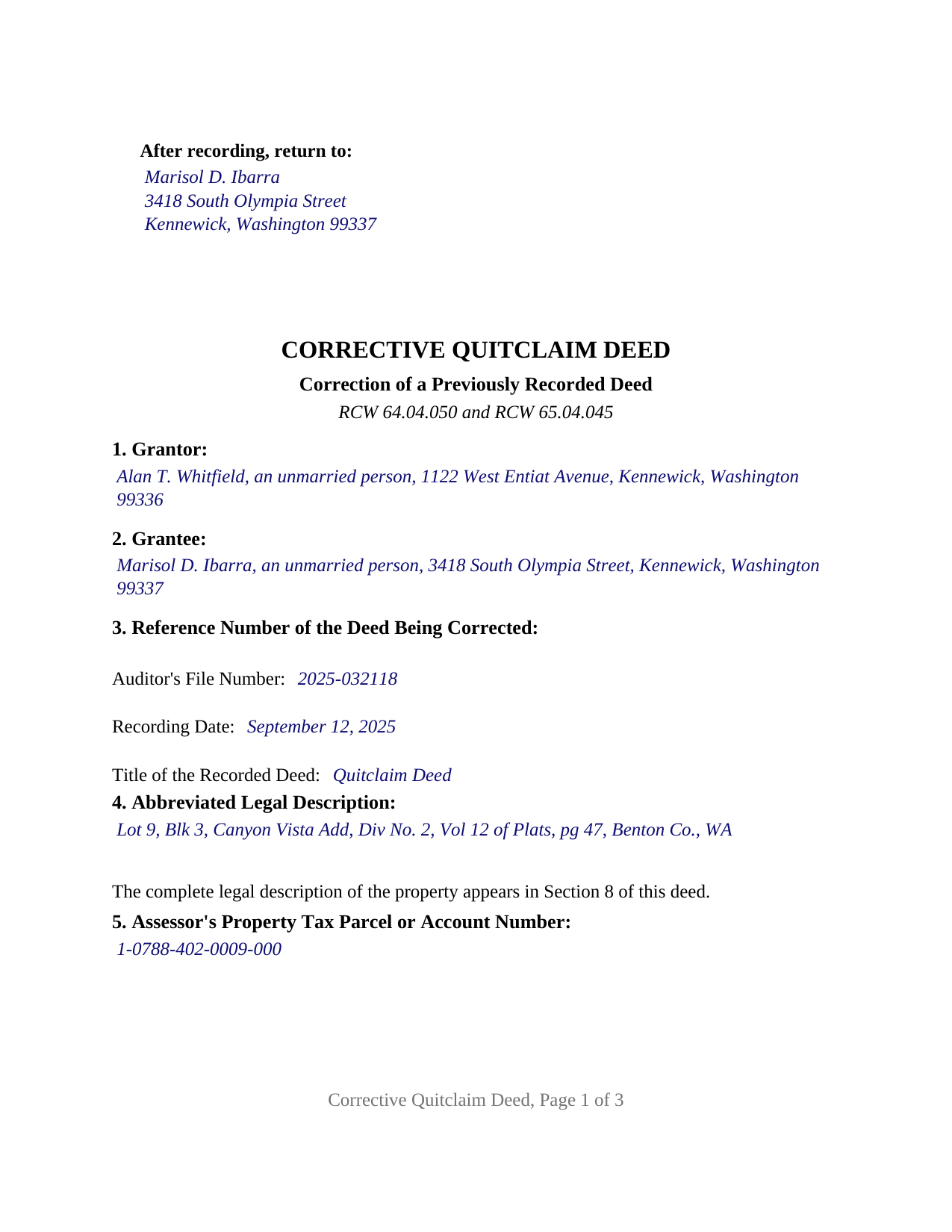 Pierce County Completed Example of the Quitclaim Deed (Corrective) Document