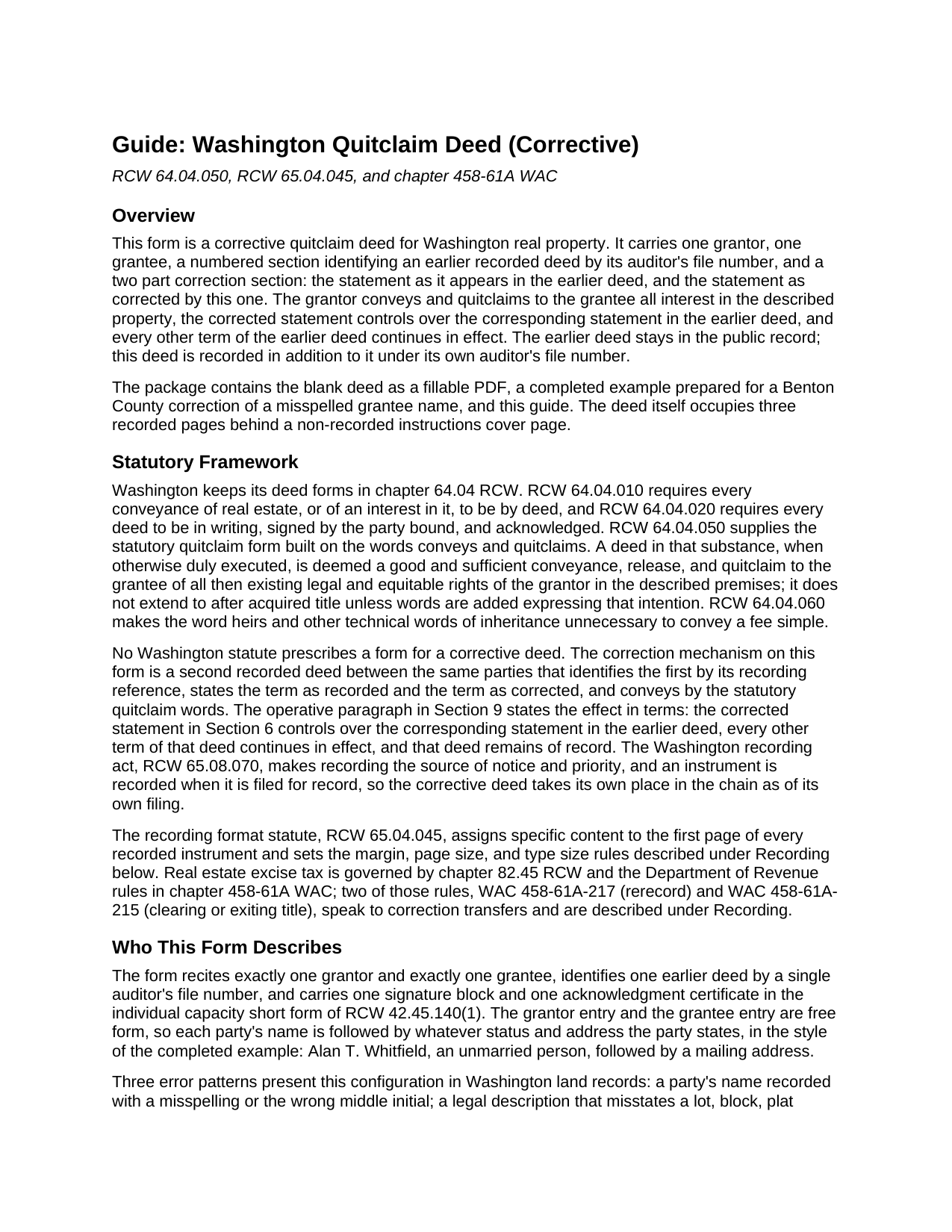 Pierce County Quitclaim Deed (Corrective) Guide