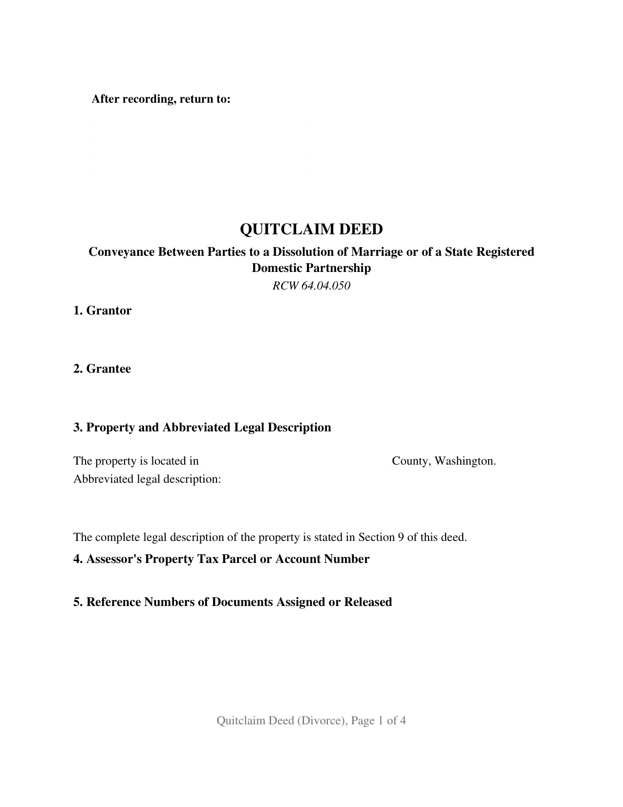 Cowlitz County Quitclaim Deed (Divorce) Form