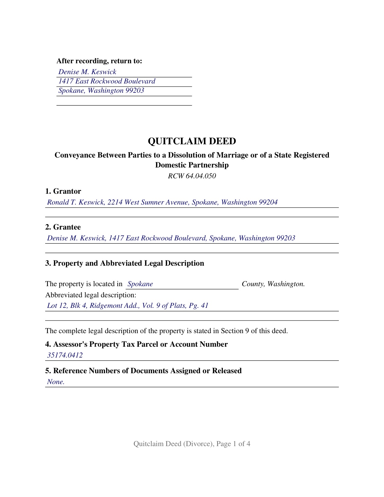 Cowlitz County Completed Example of the Quitclaim Deed (Divorce) Document