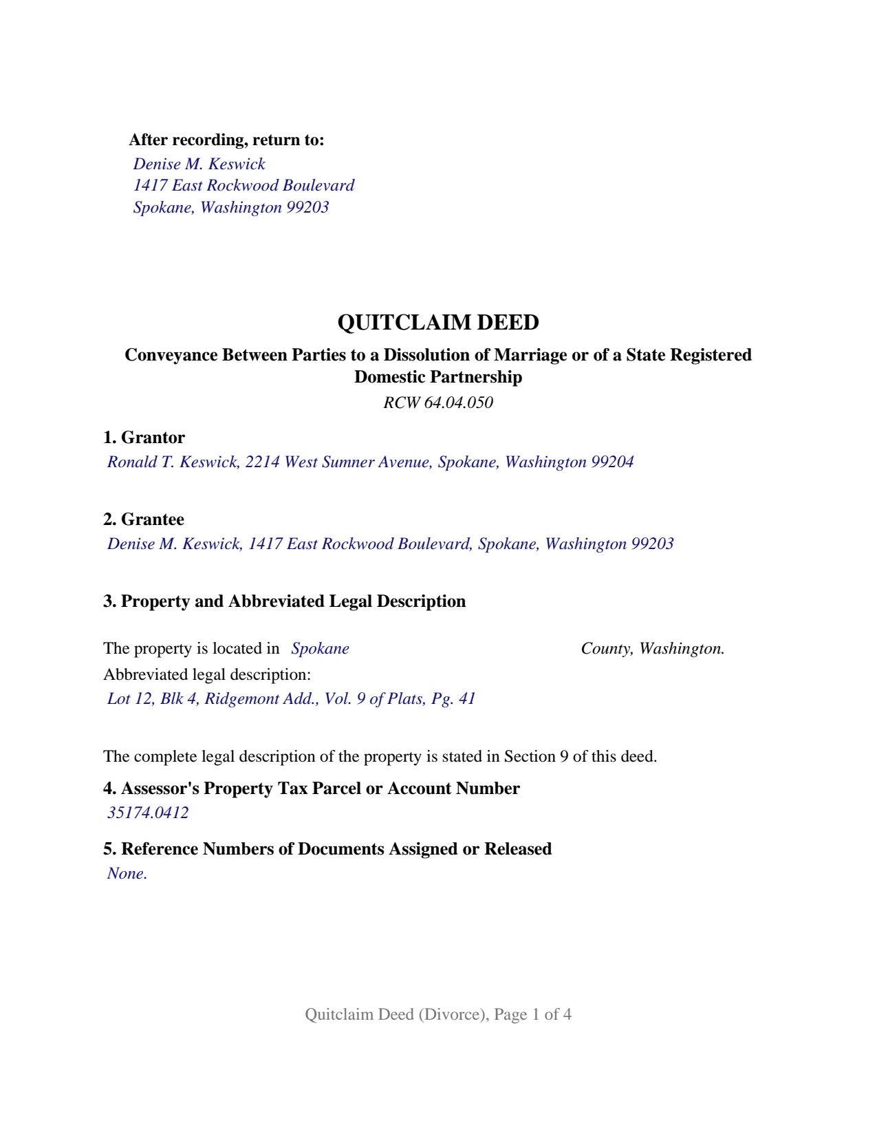 Columbia County Completed Example of the Quitclaim Deed (Divorce) Document