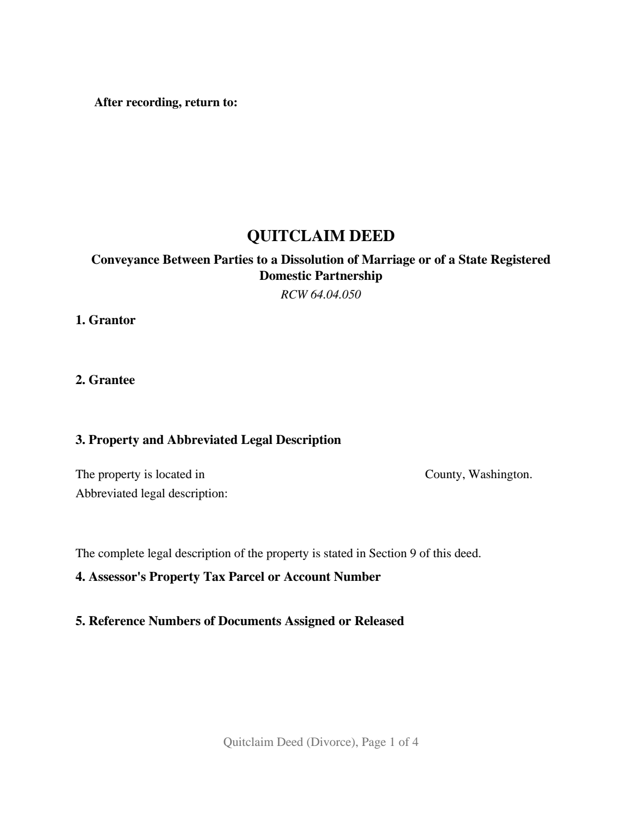 Columbia County Quitclaim Deed (Divorce) Form
