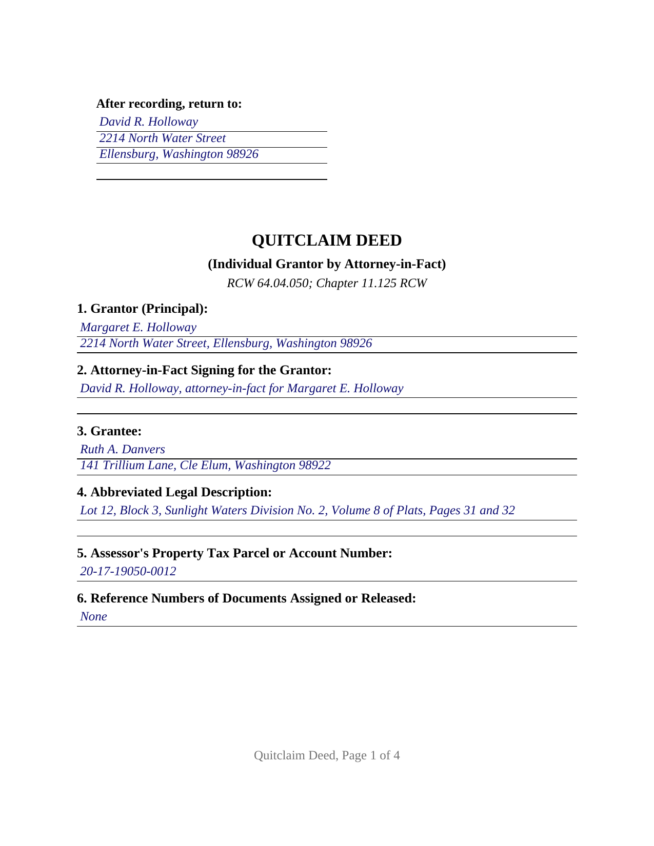 Grant County Completed Example of the Quitclaim Deed (Individual Grantor by Attorney-in-Fact) Document