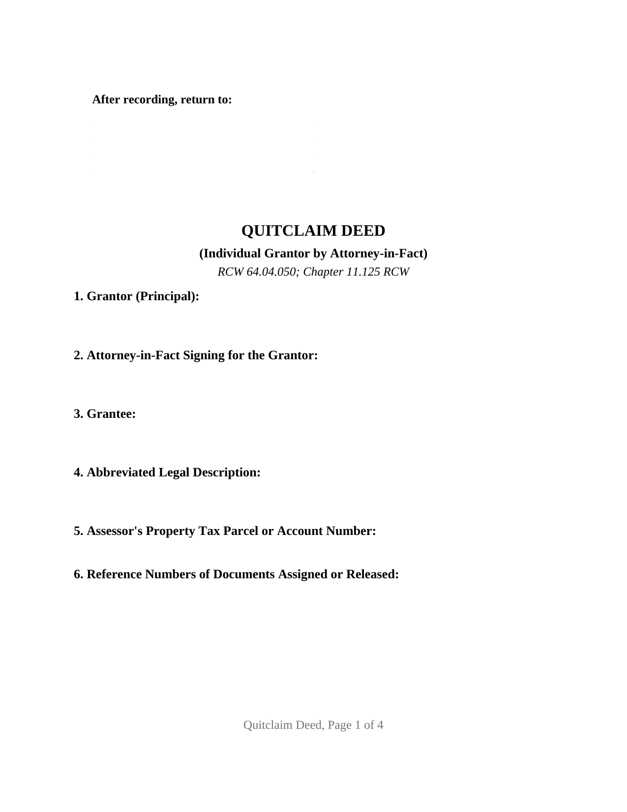 Grant County Quitclaim Deed (Individual Grantor by Attorney-in-Fact) Form