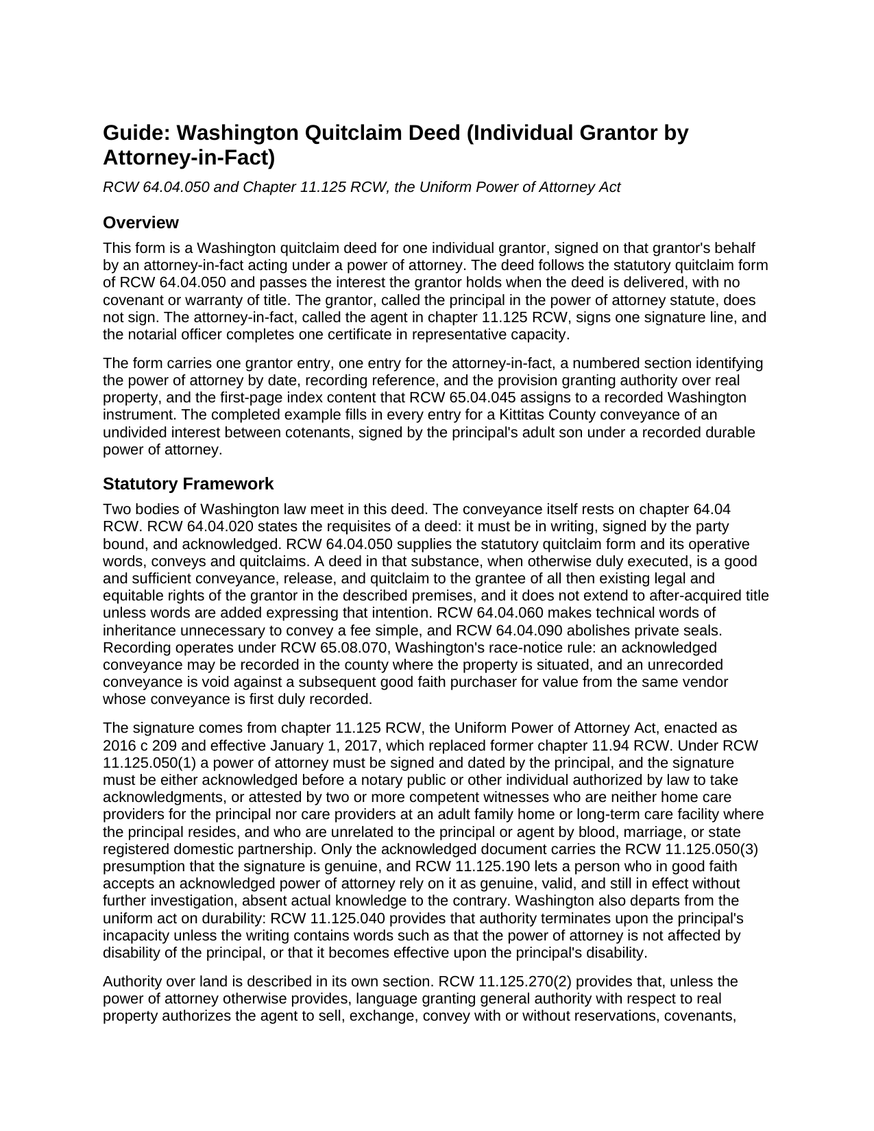 Grant County Quitclaim Deed (Individual Grantor by Attorney-in-Fact) Guide