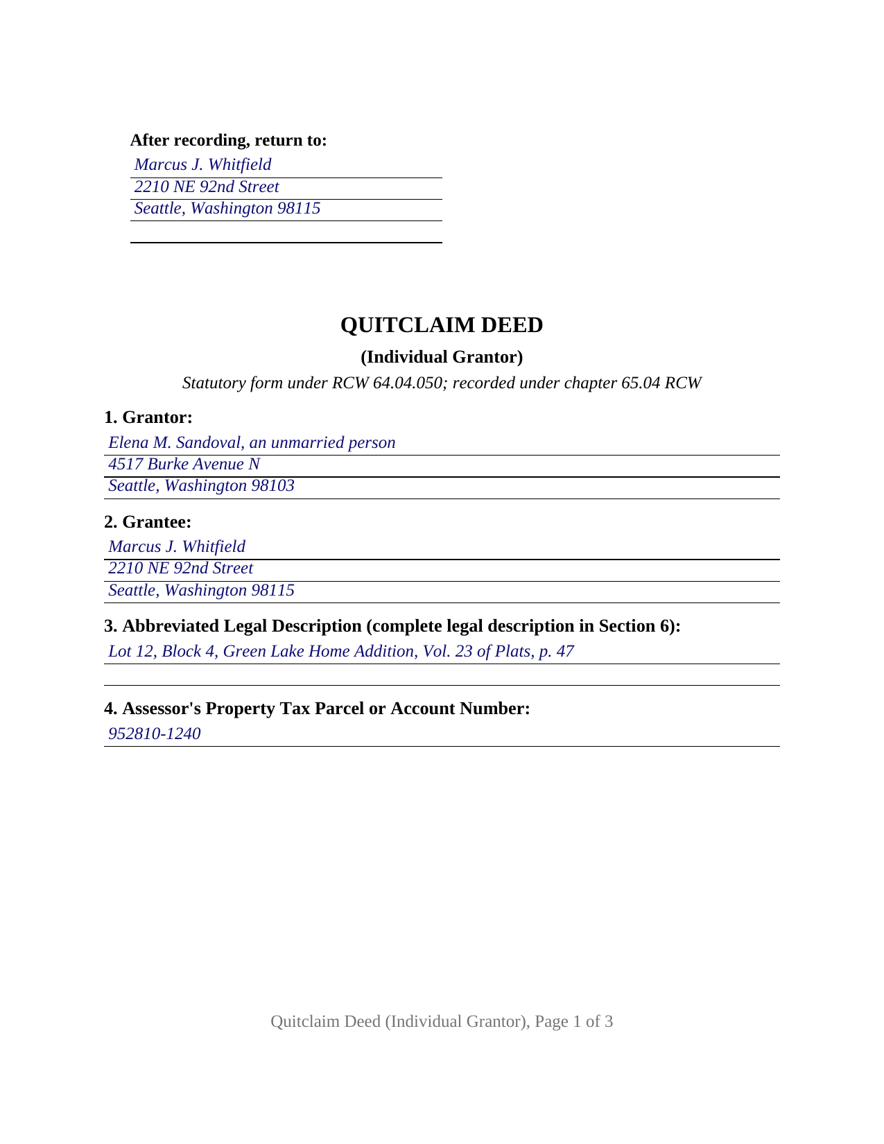 Kittitas County Completed Example of the Quitclaim Deed (Individual Grantor) Document