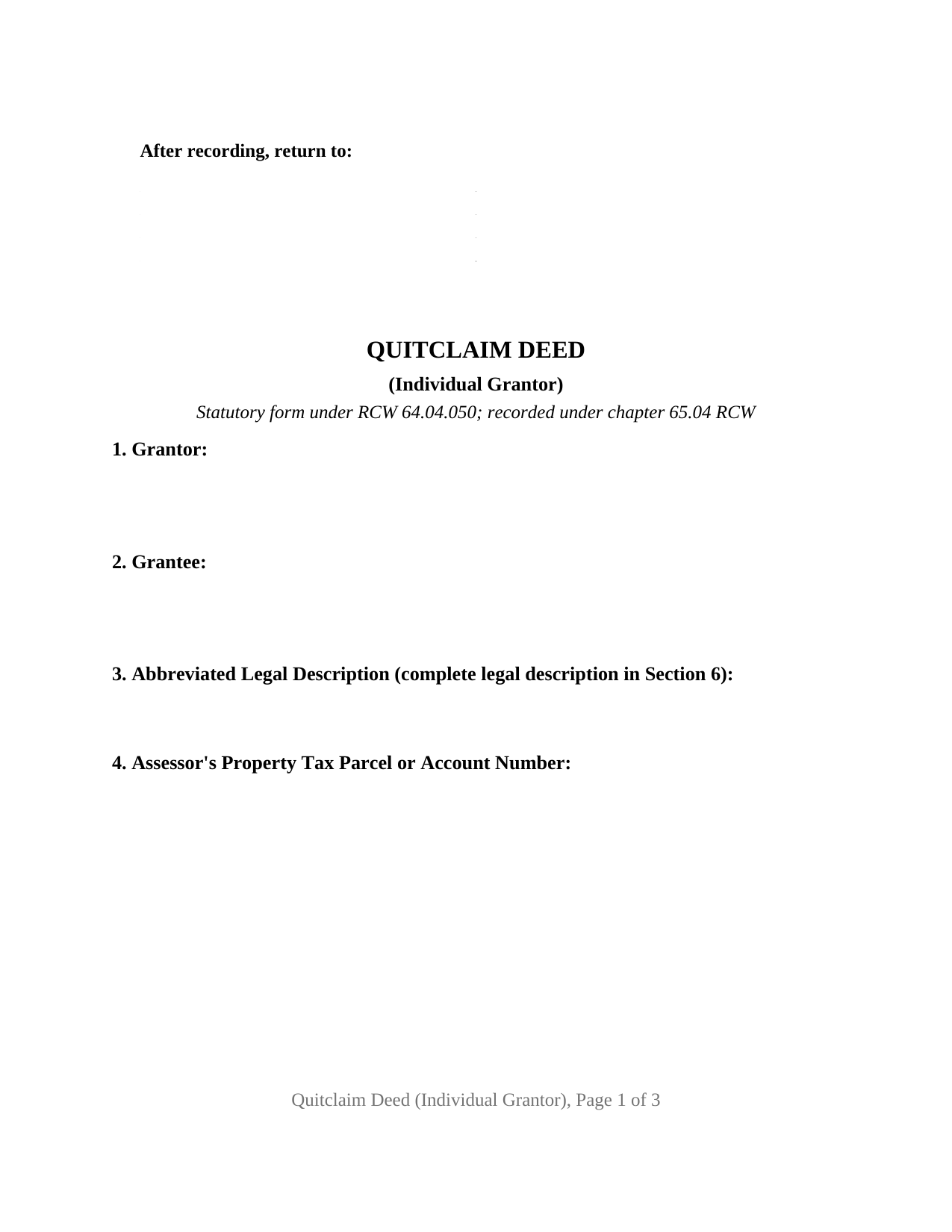 Kittitas County Quitclaim Deed (Individual Grantor) Form