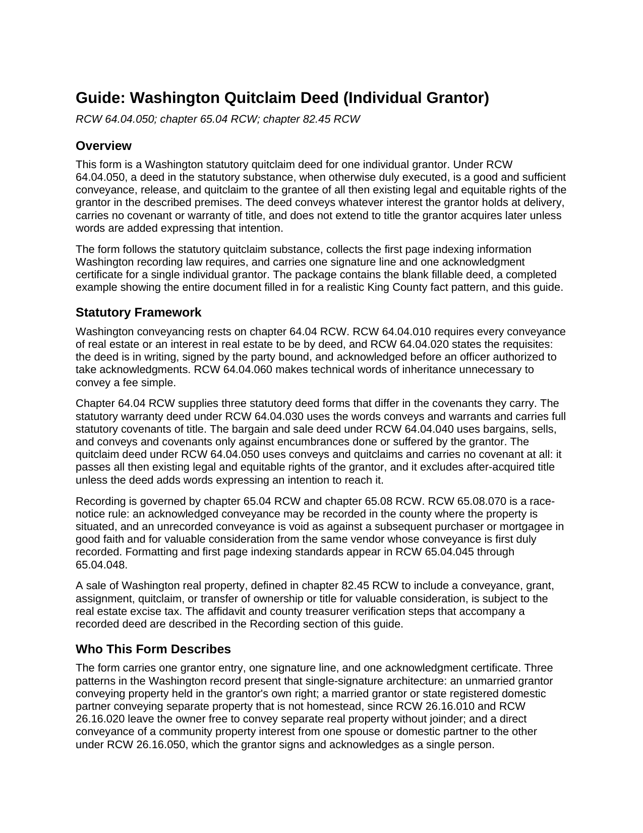 Kittitas County Quitclaim Deed (Individual Grantor) Guide