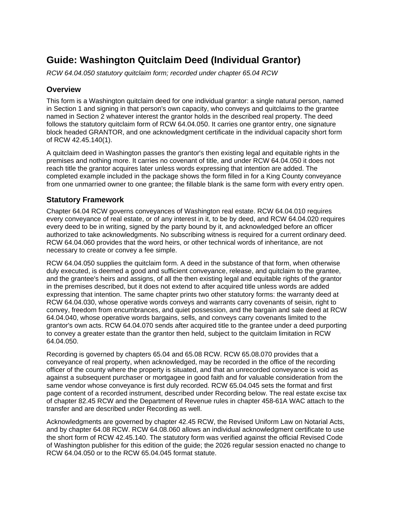 Clark County Quitclaim Deed (Individual Grantor) Guide