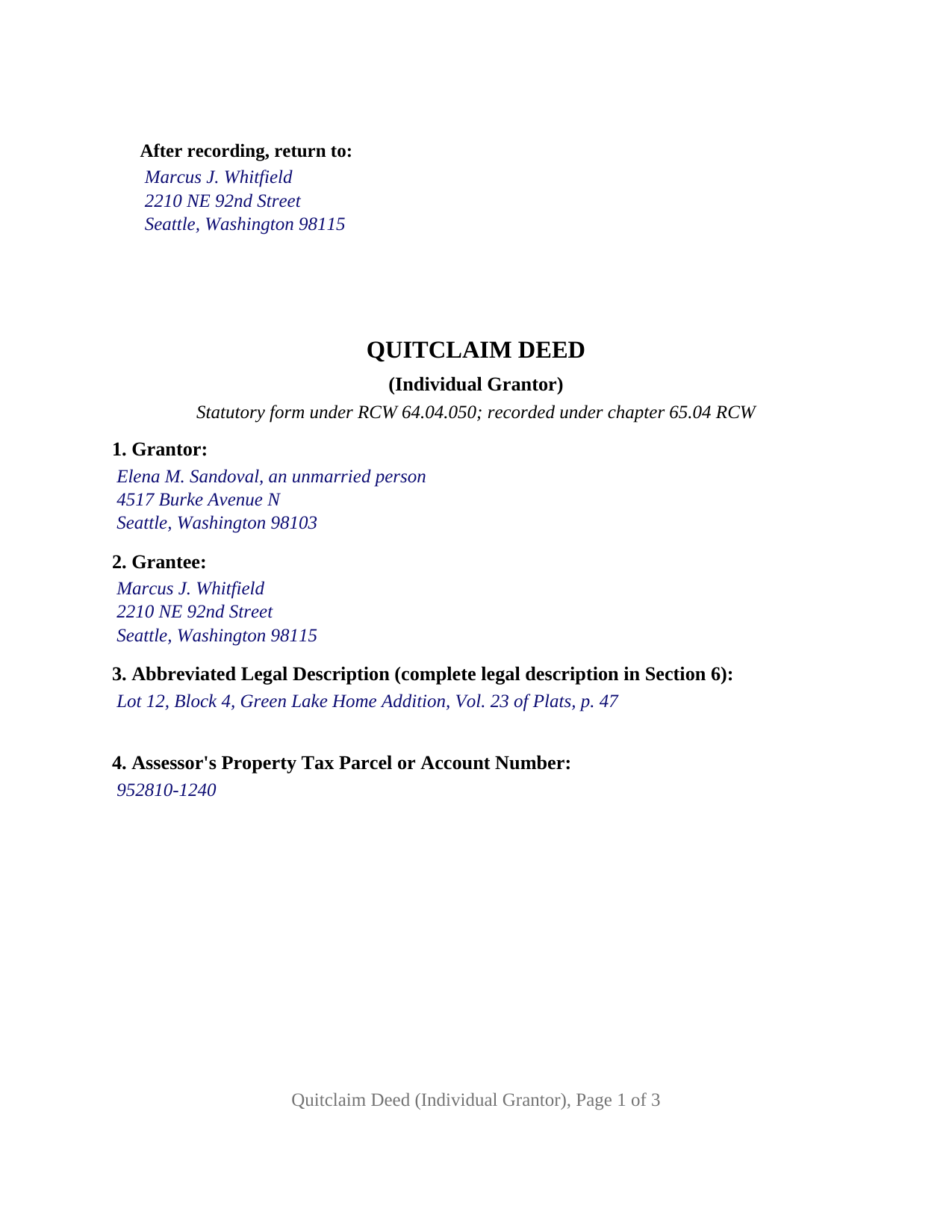 Clark County Completed Example of the Quitclaim Deed (Individual Grantor) Document