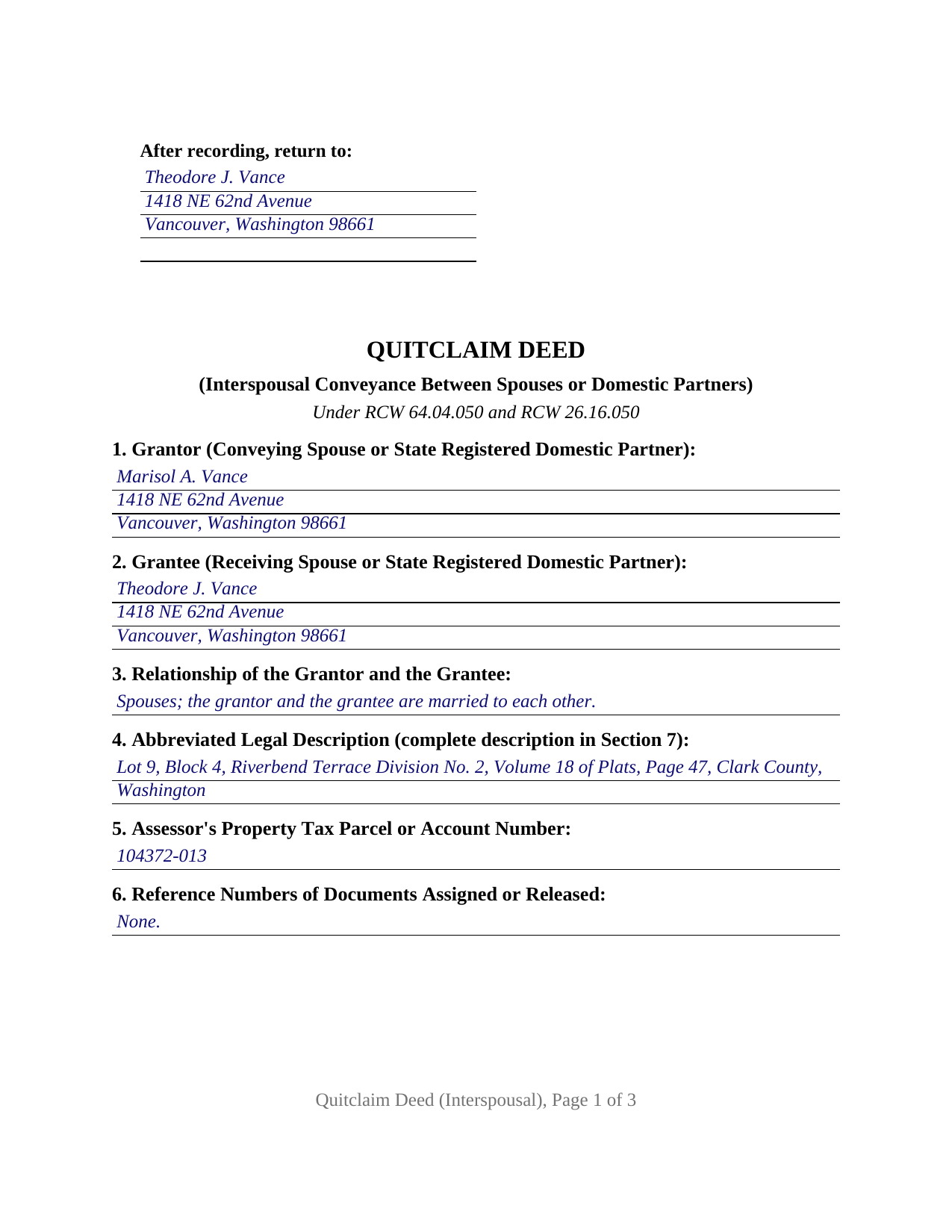 Pend Oreille County Completed Example of the Quitclaim Deed (Interspousal) Document