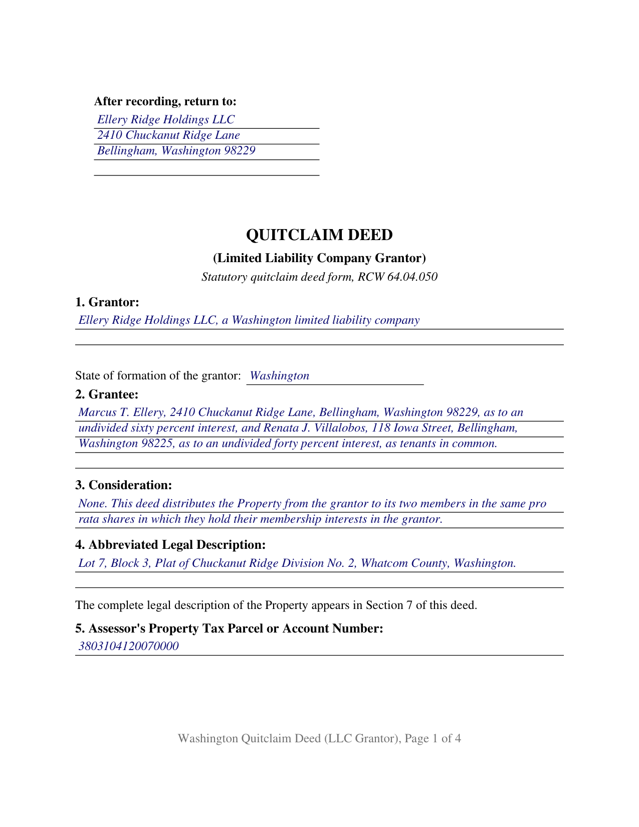 Mason County Completed Example of the Quitclaim Deed (LLC Grantor) Document