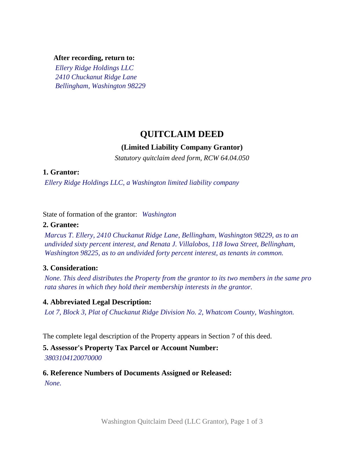 Grays Harbor County Completed Example of the Quitclaim Deed (LLC Grantor) Document