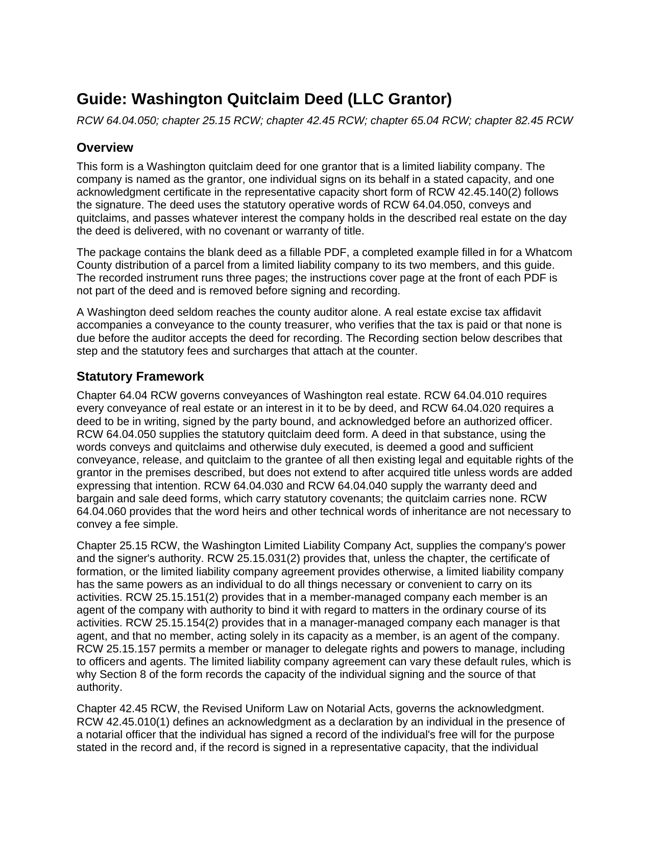 Grays Harbor County Quitclaim Deed (LLC Grantor) Guide