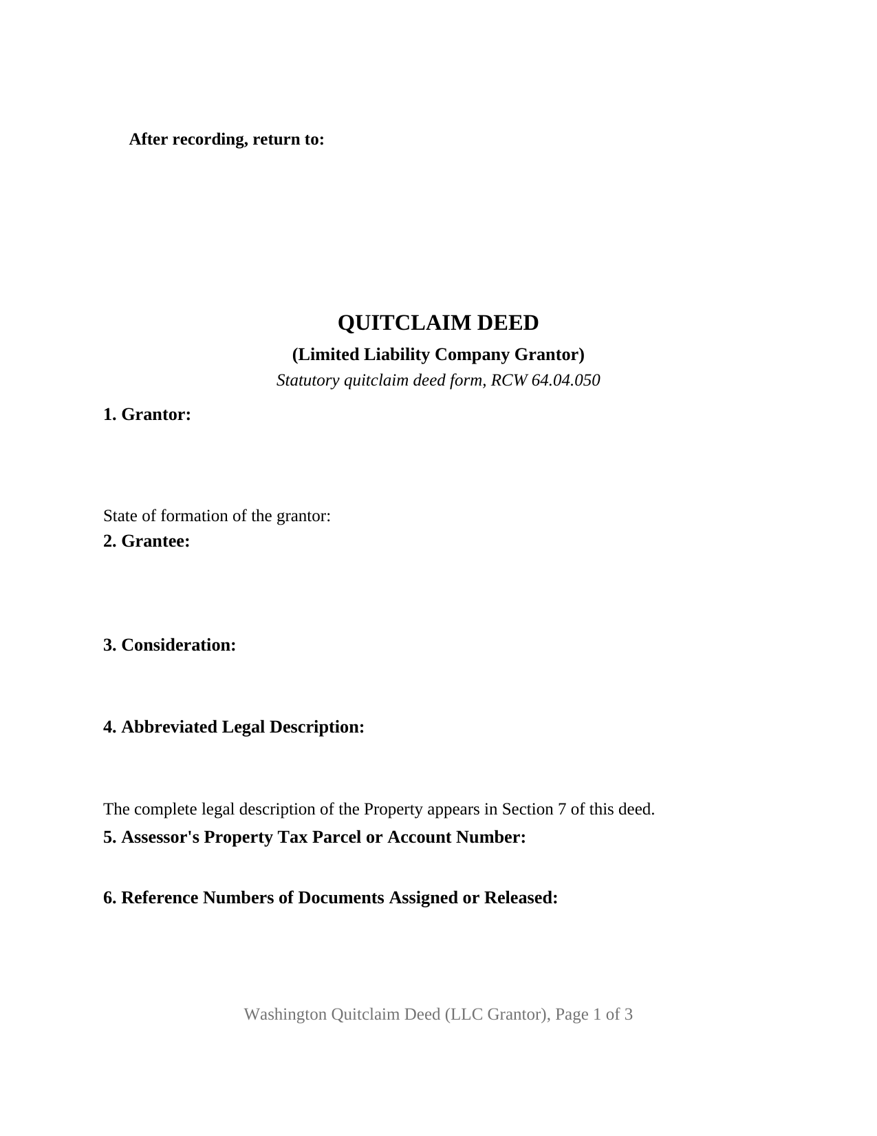 Grays Harbor County Quitclaim Deed (LLC Grantor) Form