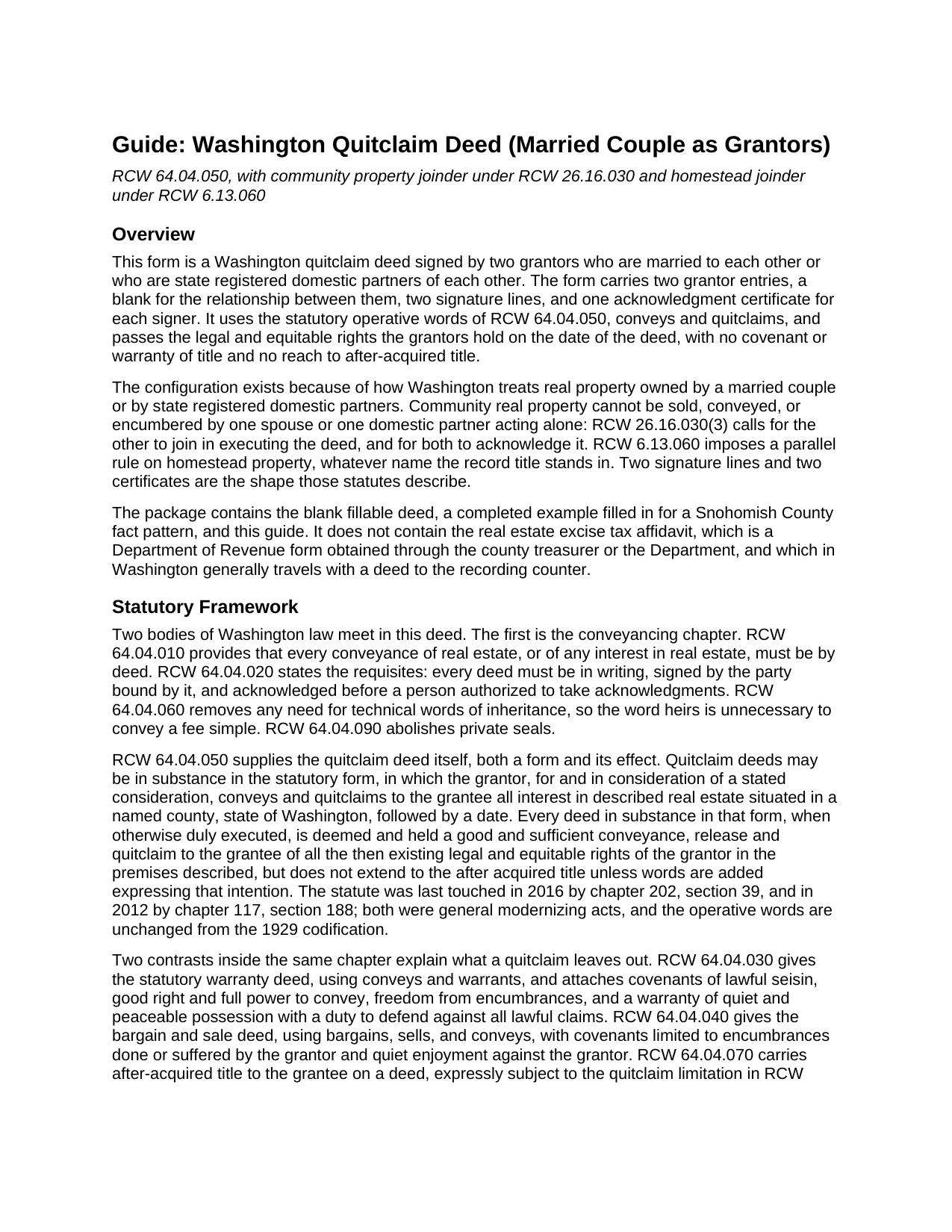 Snohomish County Quitclaim Deed (Married Couple as Grantors) Guide