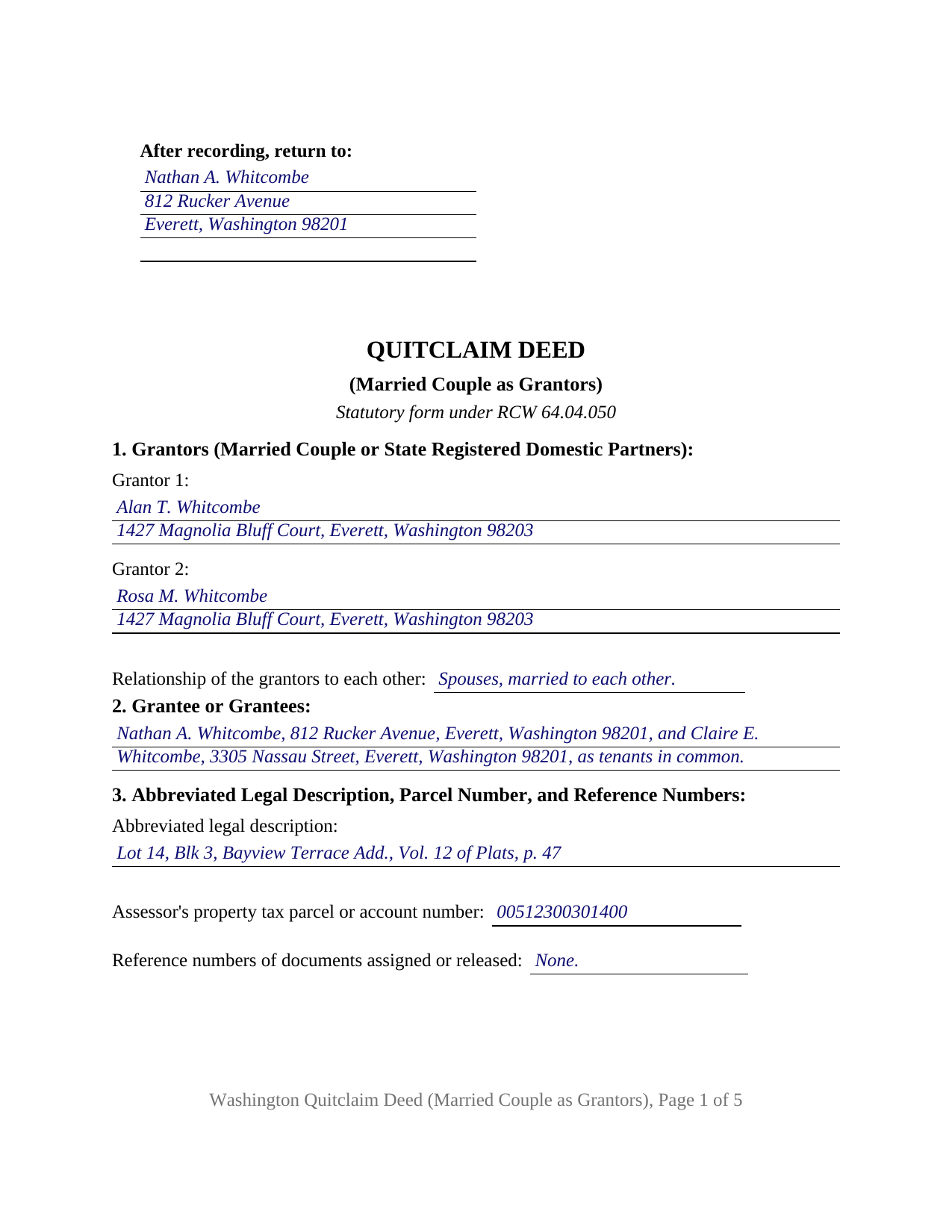 Snohomish County Completed Example of the Quitclaim Deed (Married Couple as Grantors) Document