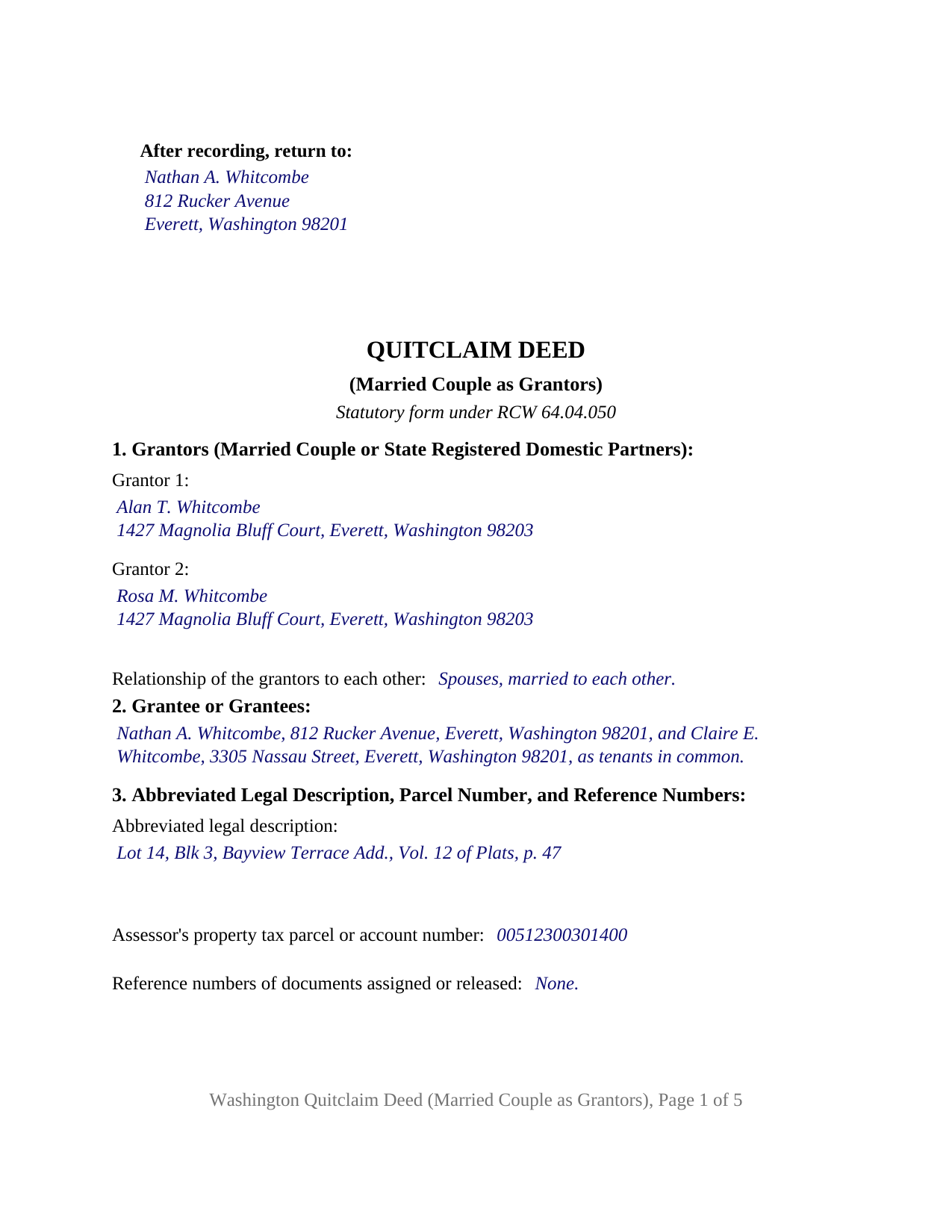 Island County Completed Example of the Quitclaim Deed (Married Couple as Grantors) Document