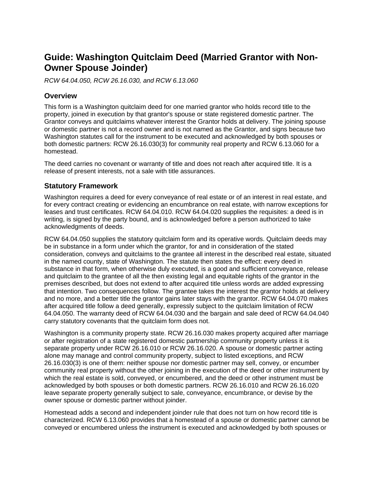 Snohomish County Quitclaim Deed (Married Grantor with Non-Owner Spouse Joinder) Guide