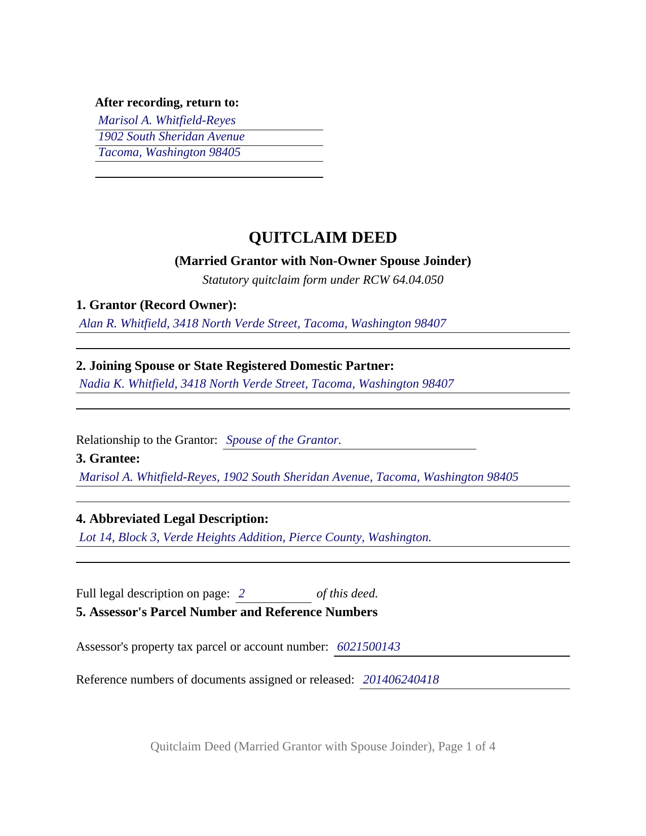 Snohomish County Completed Example of the Quitclaim Deed (Married Grantor with Non-Owner Spouse Joinder) Document