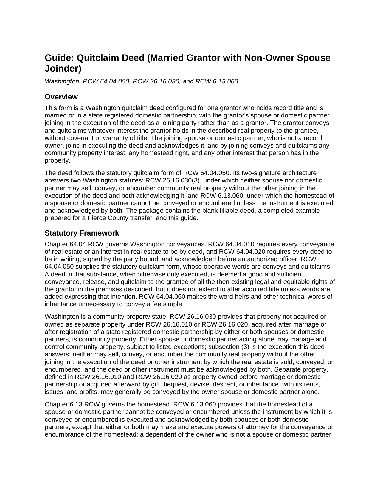 Grays Harbor County Quitclaim Deed (Married Grantor with Non-Owner Spouse Joinder) Guide