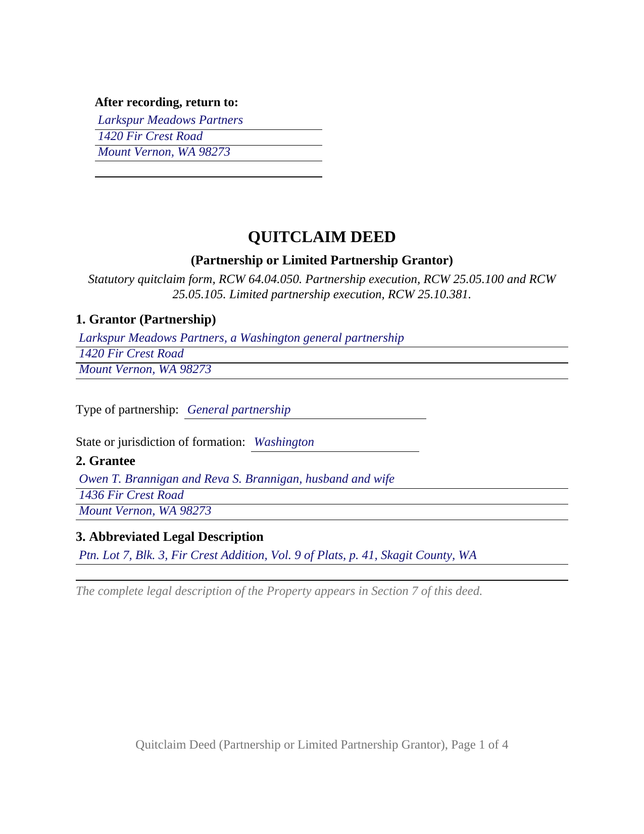 Douglas County Completed Example of the Quitclaim Deed (Partnership or Limited Partnership Grantor) Document