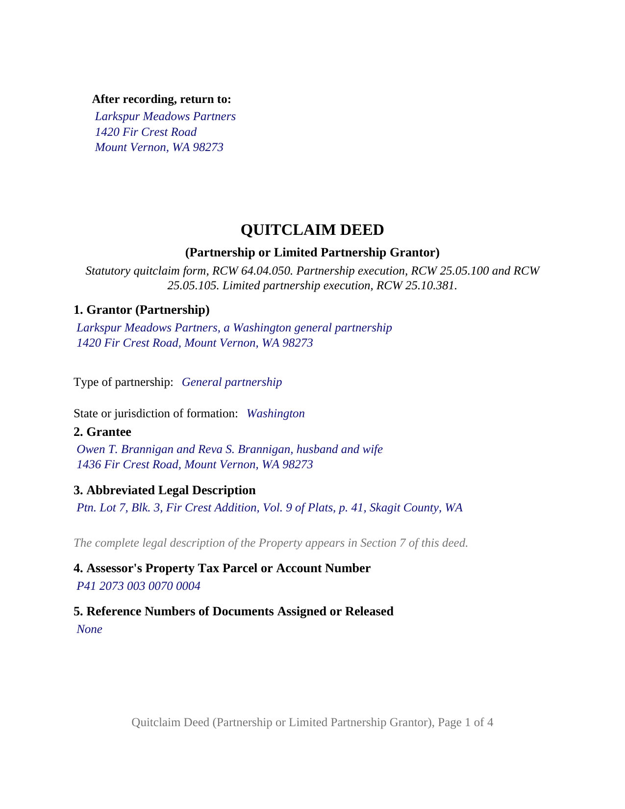 Jefferson County Completed Example of the Quitclaim Deed (Partnership or Limited Partnership Grantor) Document