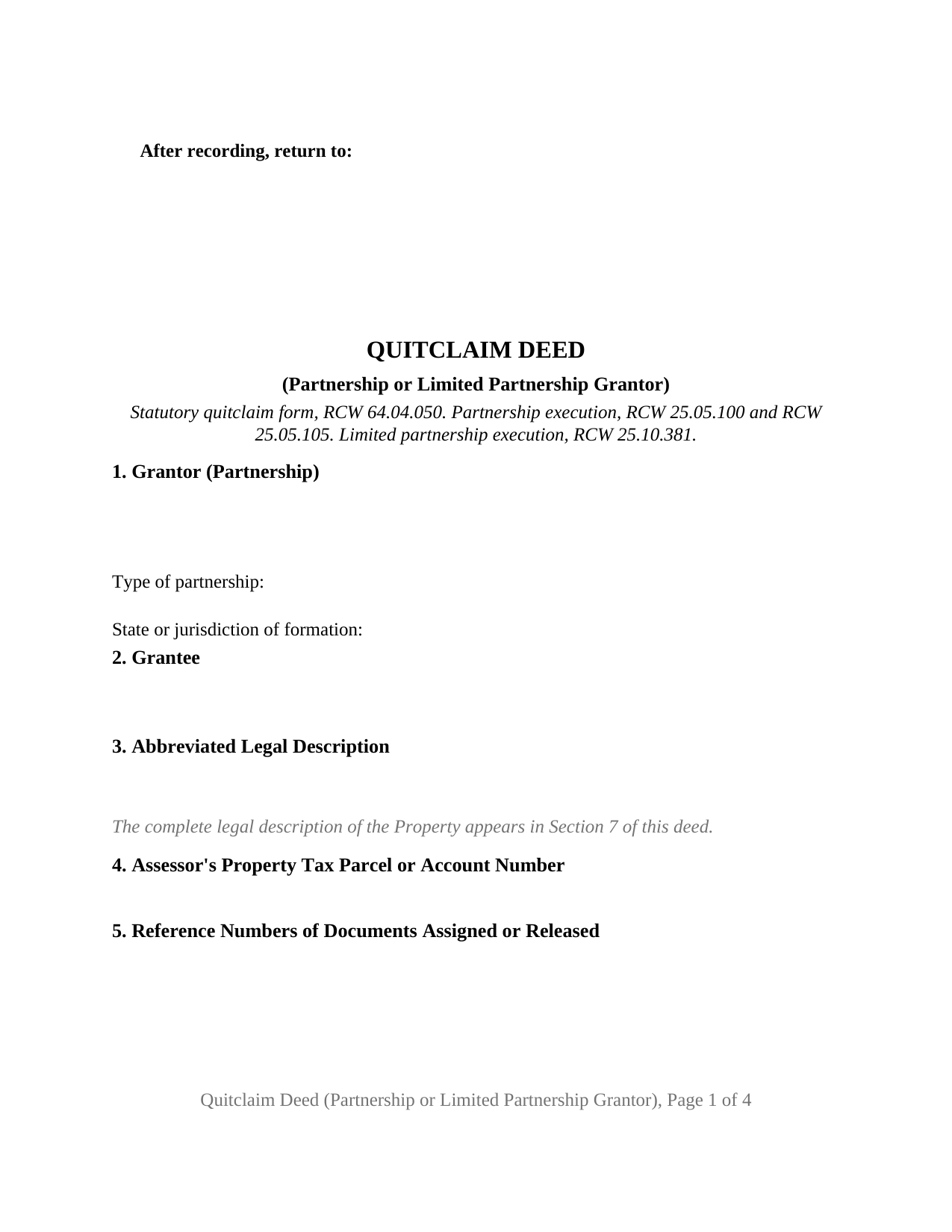 Jefferson County Quitclaim Deed (Partnership or Limited Partnership Grantor) Form
