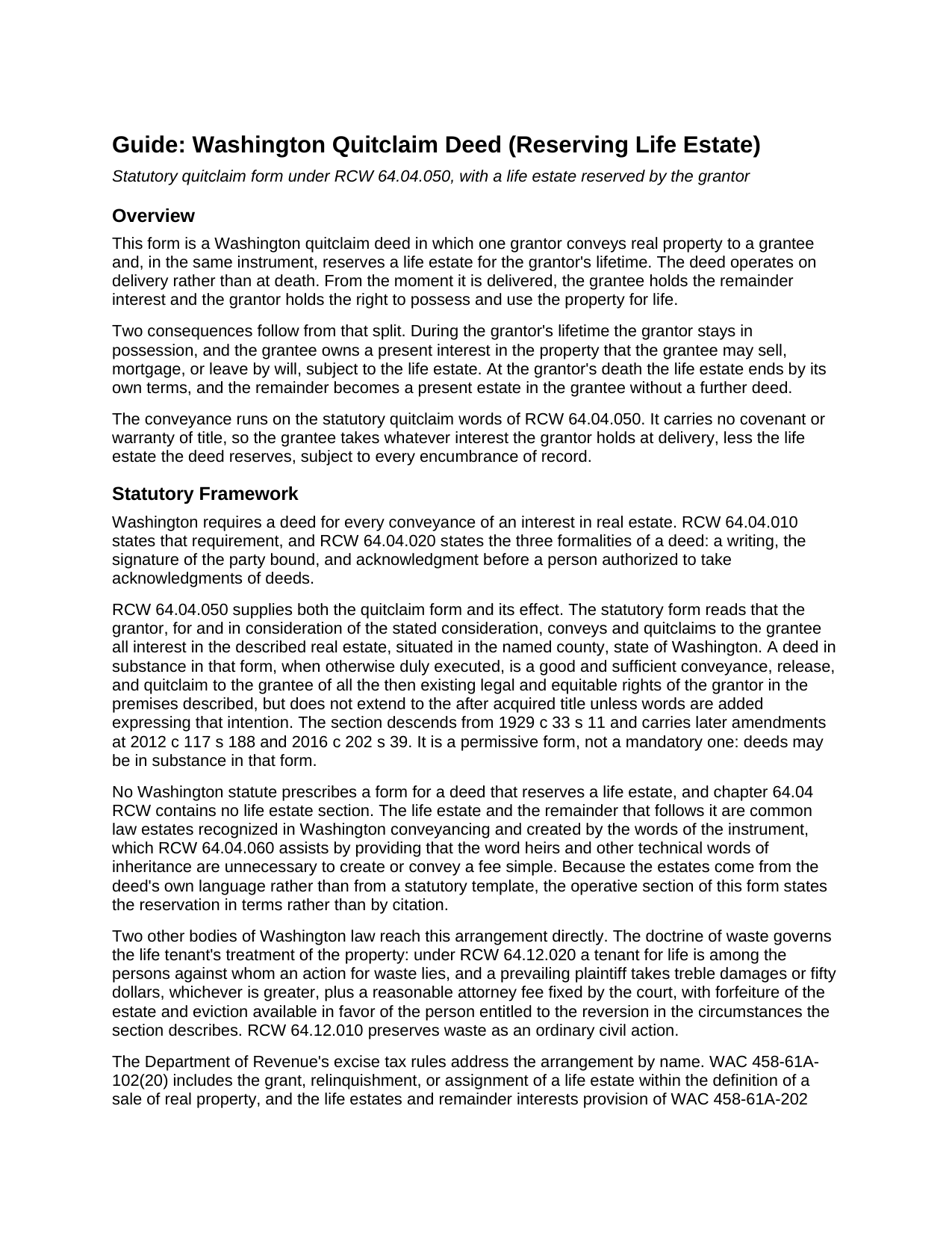 Chelan County Quitclaim Deed (Reserving Life Estate) Guide