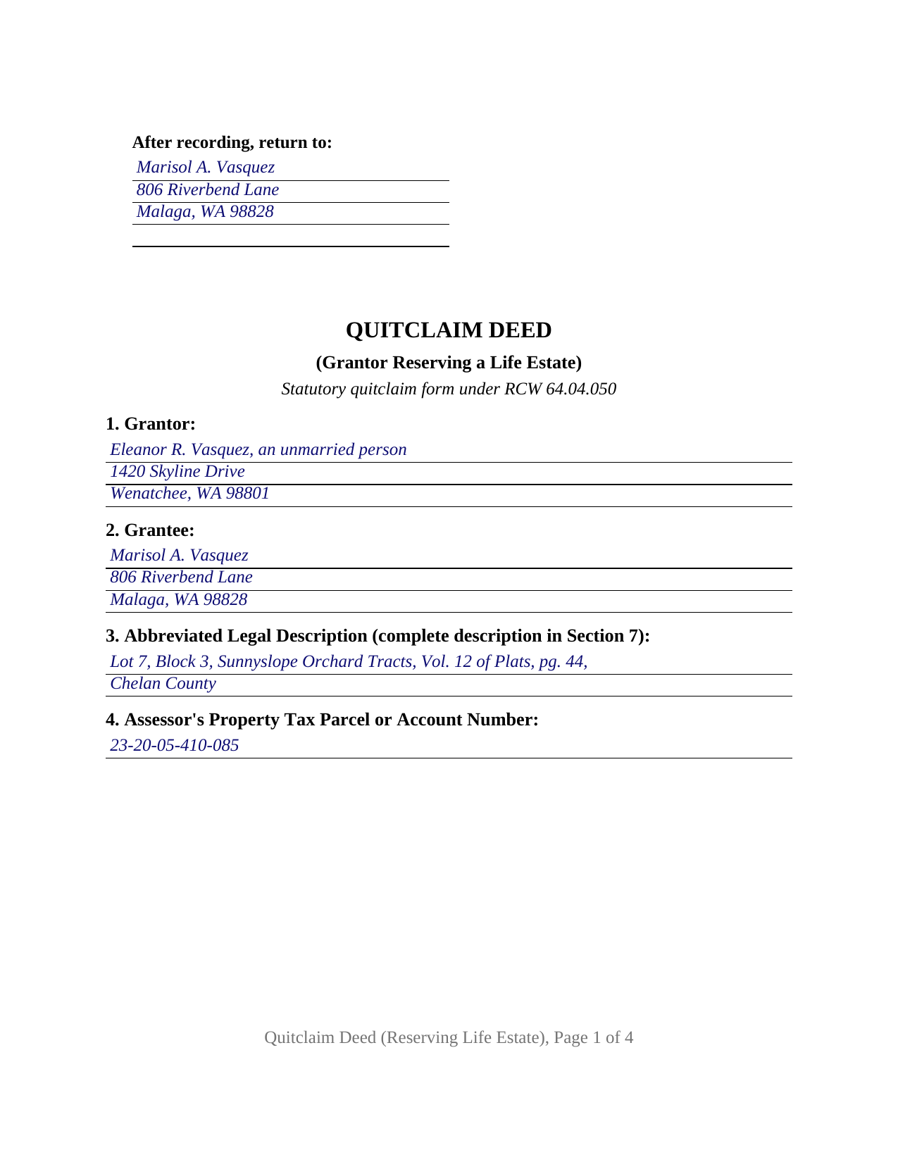 Chelan County Completed Example of the Quitclaim Deed (Reserving Life Estate) Document