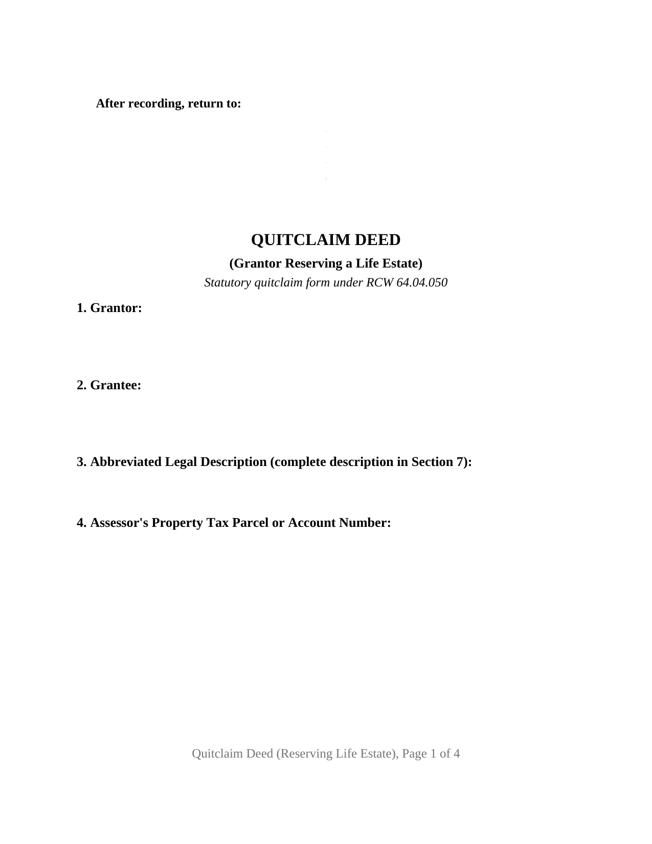 Chelan County Quitclaim Deed (Reserving Life Estate) Form