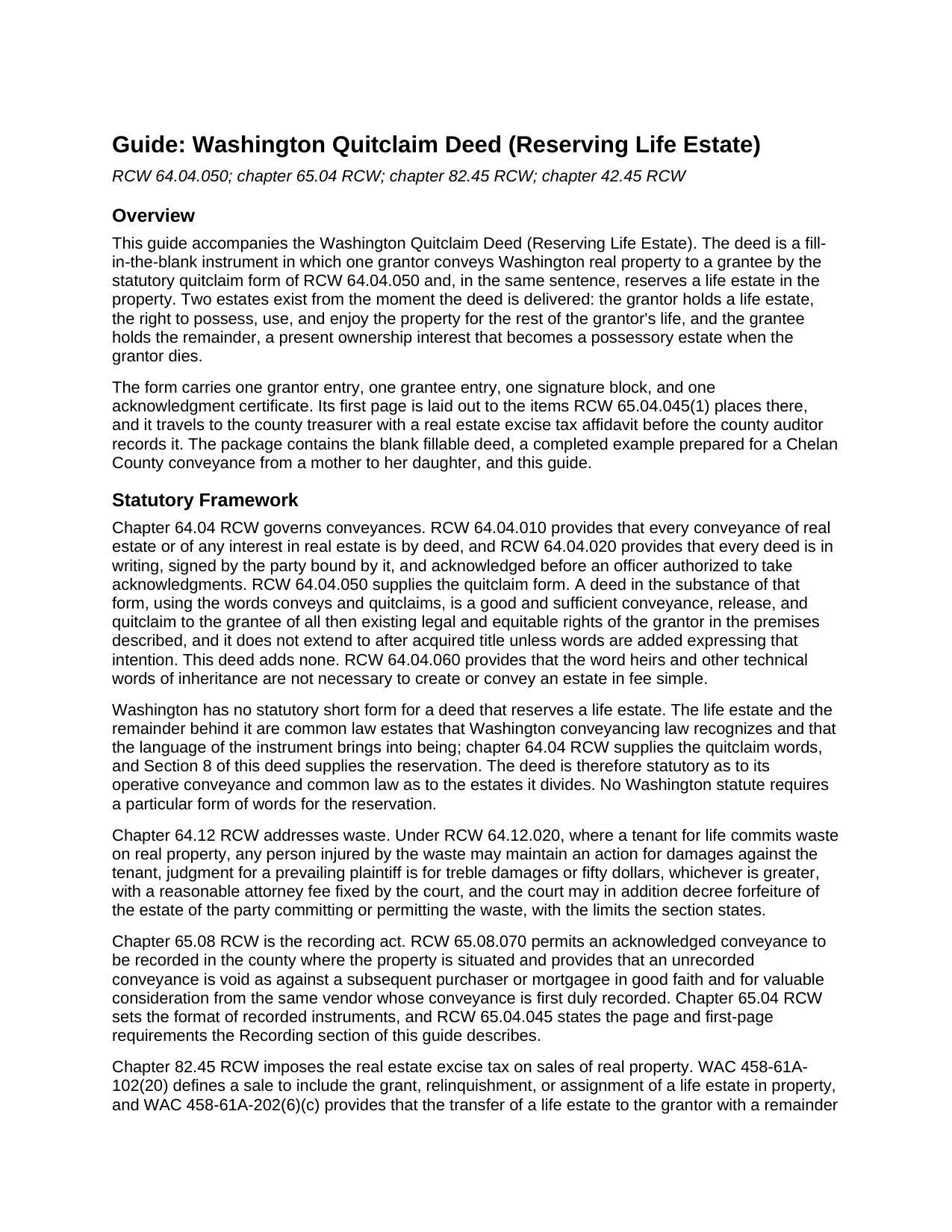 Grays Harbor County Quitclaim Deed (Reserving Life Estate) Guide