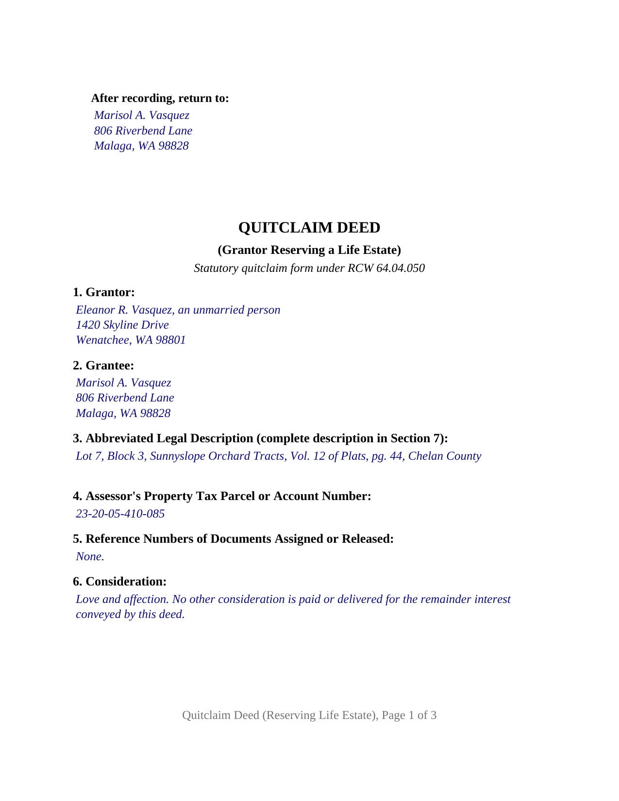 Grays Harbor County Completed Example of the Quitclaim Deed (Reserving Life Estate) Document