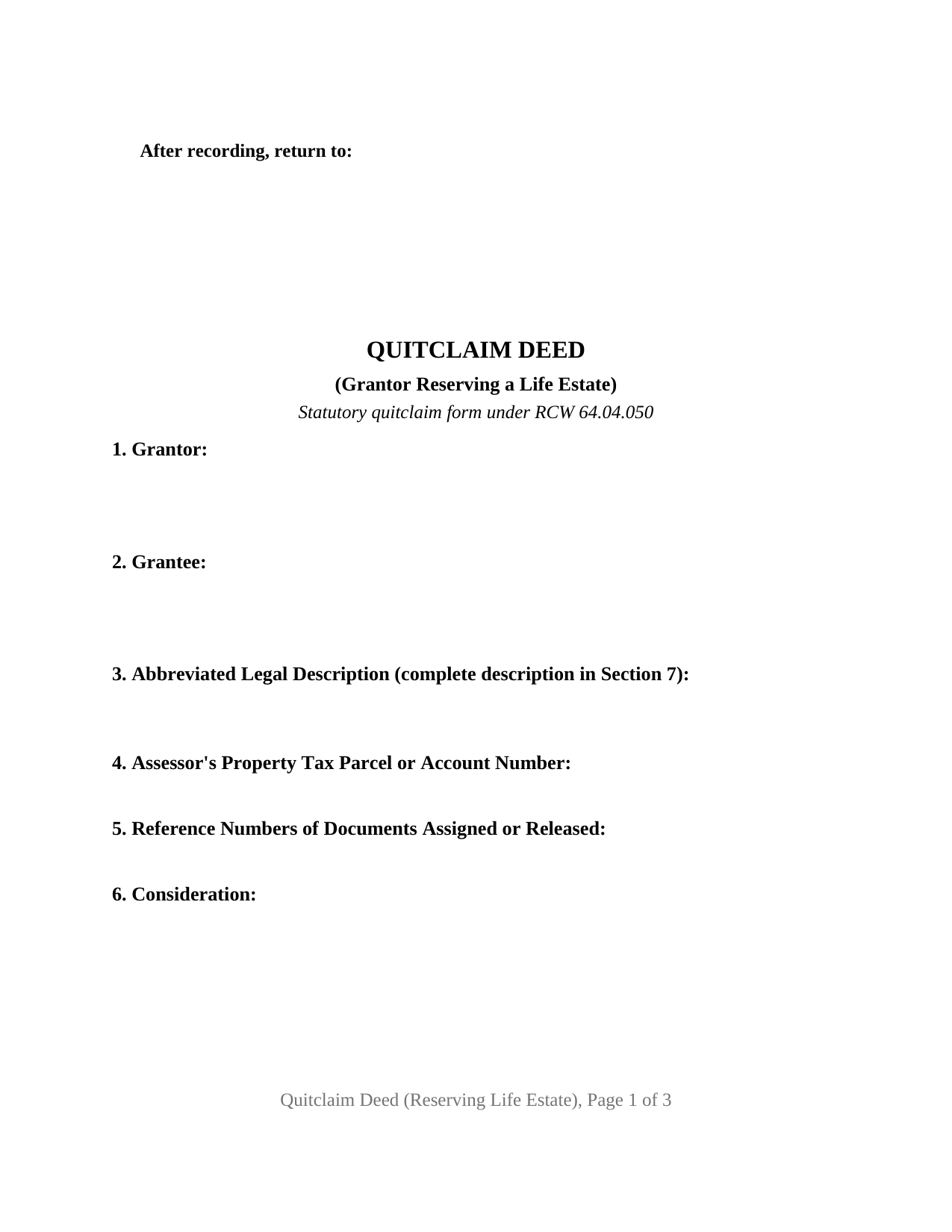 Grays Harbor County Quitclaim Deed (Reserving Life Estate) Form