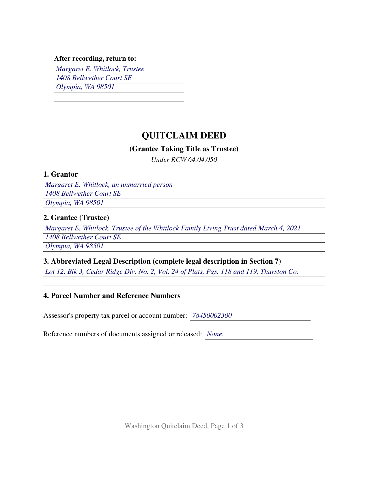 Snohomish County Completed Example of the Quitclaim Deed (Trustee Grantee) Document