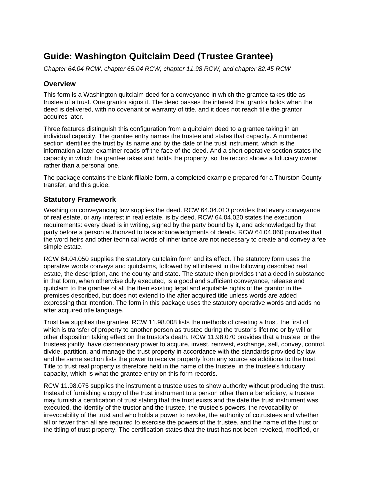 Snohomish County Quitclaim Deed (Trustee Grantee) Guide