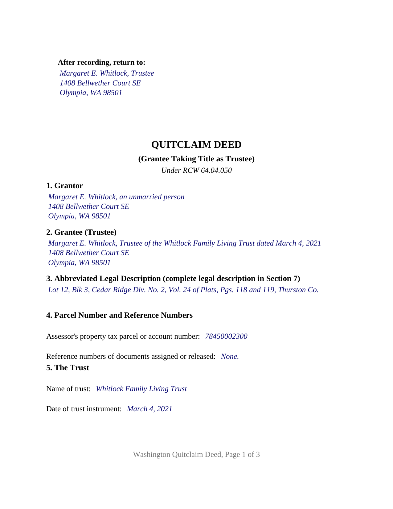 Skamania County Completed Example of the Quitclaim Deed (Trustee Grantee) Document