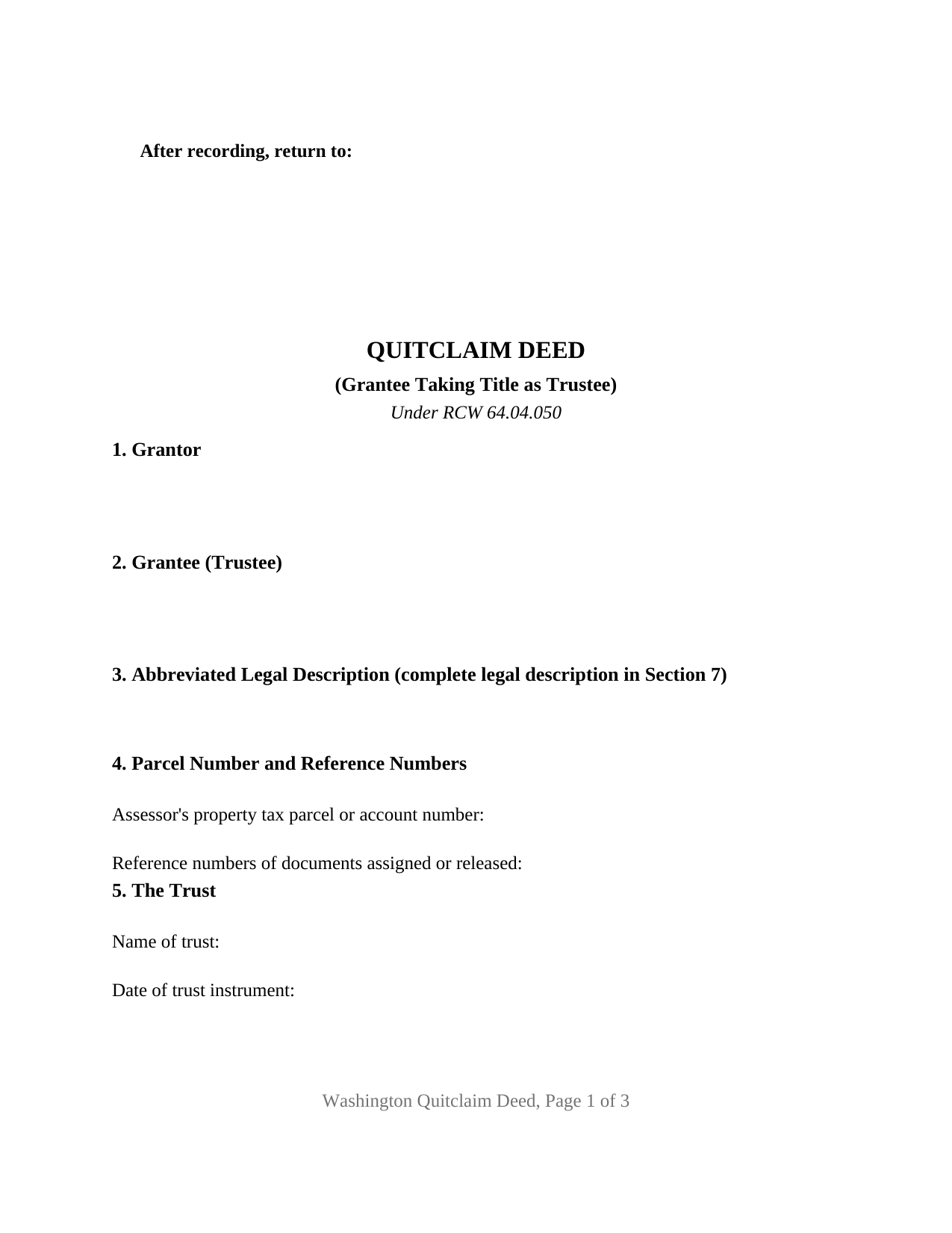 Skamania County Quitclaim Deed (Trustee Grantee) Form