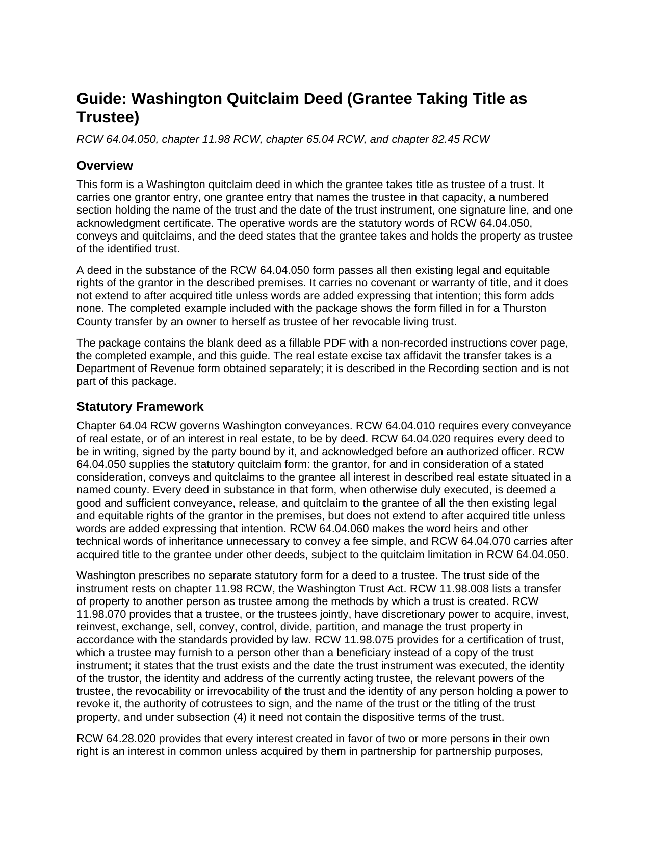Skamania County Quitclaim Deed (Trustee Grantee) Guide