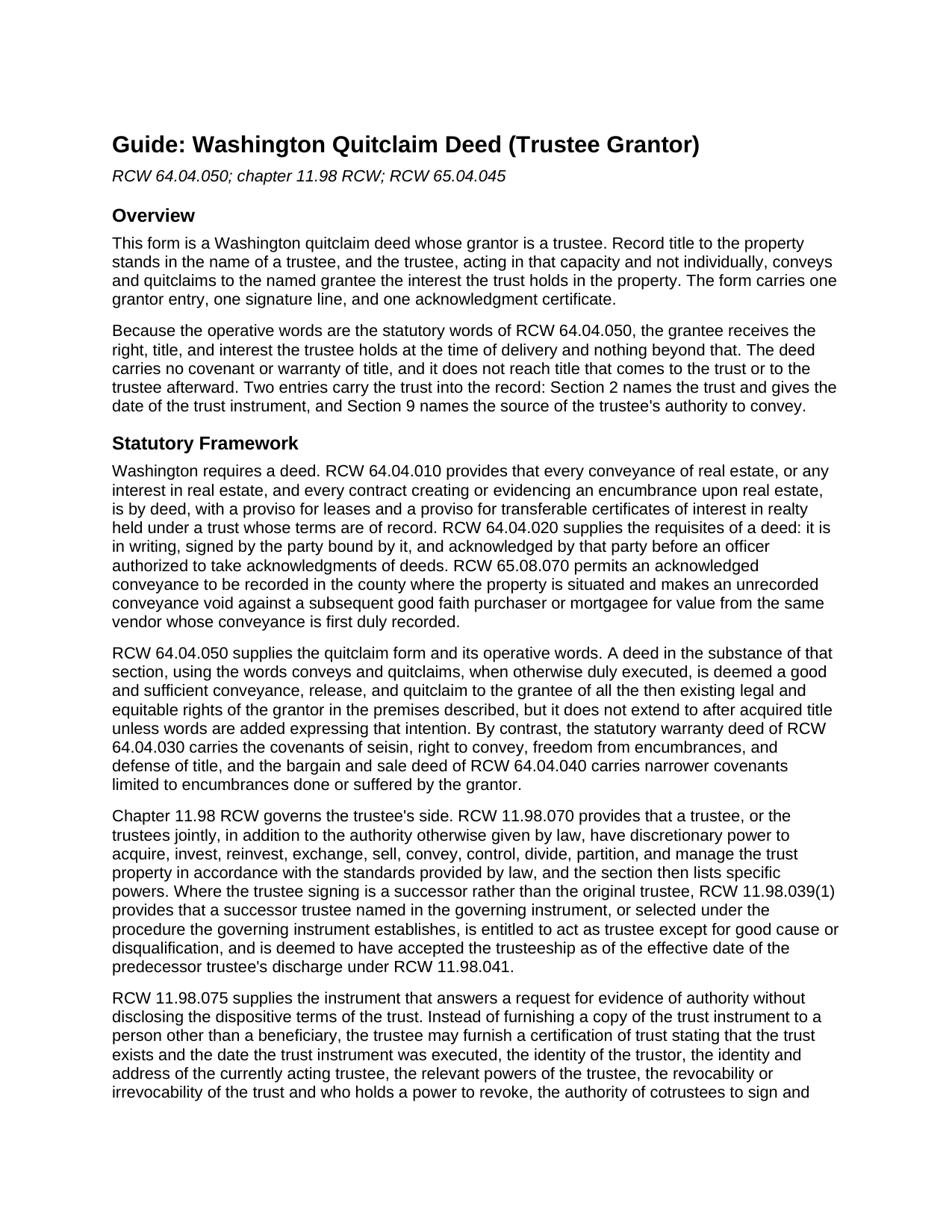 Asotin County Quitclaim Deed (Trustee Grantor) Guide