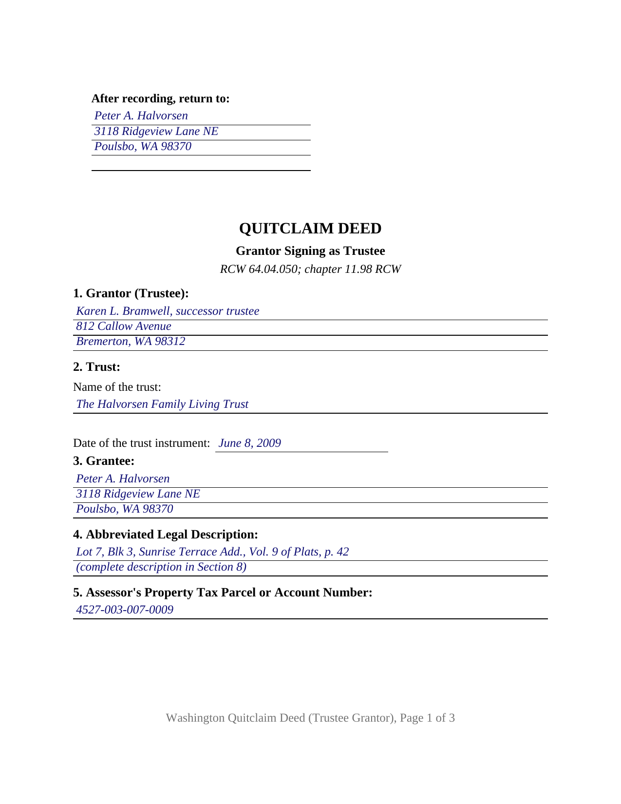 Asotin County Completed Example of the Quitclaim Deed (Trustee Grantor) Document
