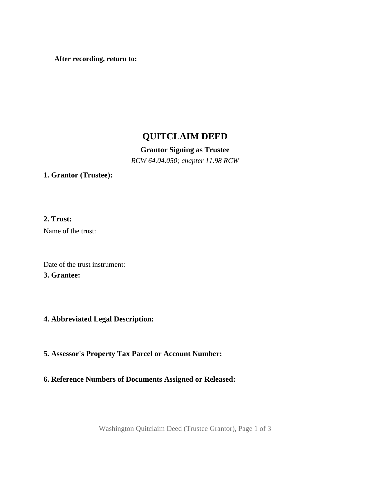 Grays Harbor County Quitclaim Deed (Trustee Grantor) Form