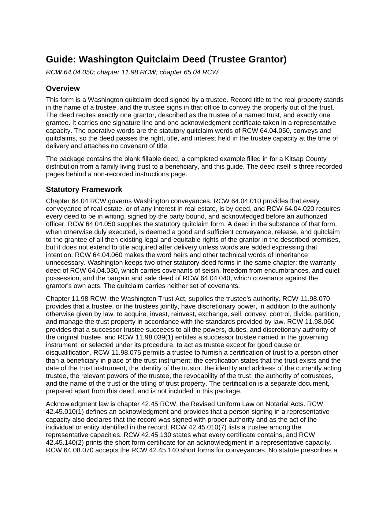 Grays Harbor County Quitclaim Deed (Trustee Grantor) Guide