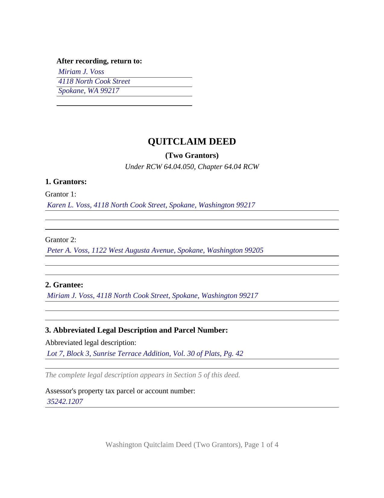 Yakima County Completed Example of the Quitclaim Deed (Two Grantors) Document